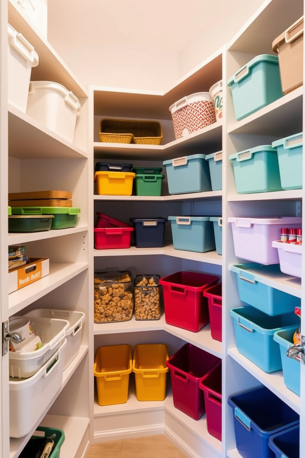 A modern townhouse pantry featuring stackable bins for maximizing space. The bins are neatly organized on open shelving, showcasing a variety of colors and sizes to enhance visual appeal.