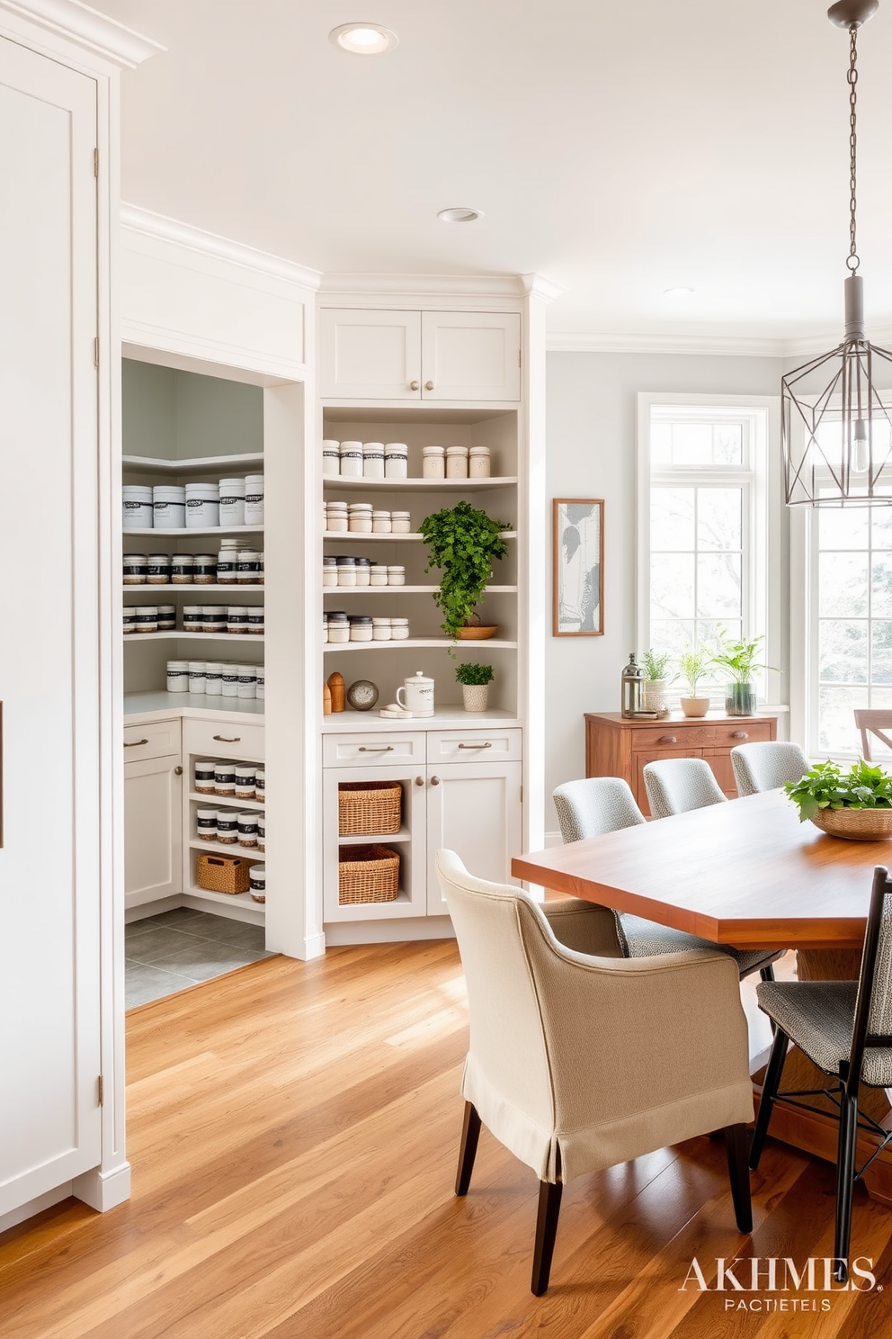 An open concept pantry seamlessly integrates with the dining area, featuring sleek cabinetry in a soft white finish. The pantry shelves are organized with stylish containers, while a large farmhouse table in the dining area is surrounded by comfortable chairs. Natural light floods the space through large windows, highlighting the warm wood tones of the flooring. Decorative elements like potted herbs and wall art add a personal touch to the inviting atmosphere.