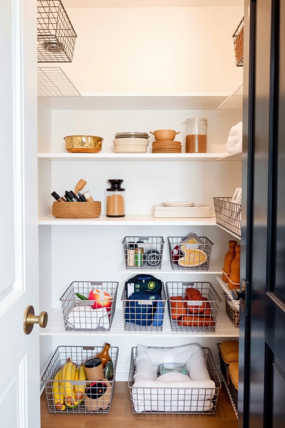 A modern townhouse pantry featuring wire baskets for breathable storage. The walls are painted in a soft white hue, and the shelves are lined with neatly organized wire baskets filled with various kitchen essentials.