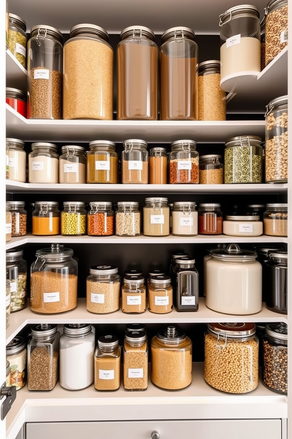 A modern townhouse pantry featuring glass jars for stylish storage. The shelves are lined with various sizes of clear glass jars filled with colorful ingredients, creating an organized and visually appealing display.