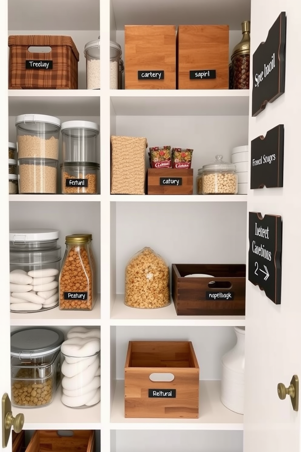 A stylish townhouse pantry with chalkboard labels for easy identification. The shelves are organized with clear containers and wooden bins, while the walls are painted in a soft white to create an airy feel.