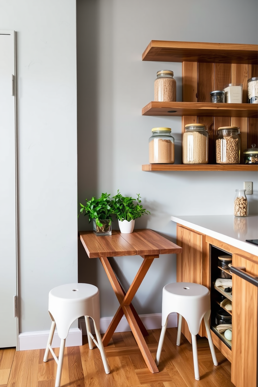 A compact foldable table is set against a light gray wall, providing a versatile dining option for small spaces. The table features a sleek wooden finish and is accompanied by two stylish stools that can be tucked away when not in use. The townhouse pantry showcases open shelving made from reclaimed wood, creating a warm and inviting atmosphere. Organically shaped glass jars filled with dry goods add a touch of charm, while a small herb garden sits on the countertop for easy access.