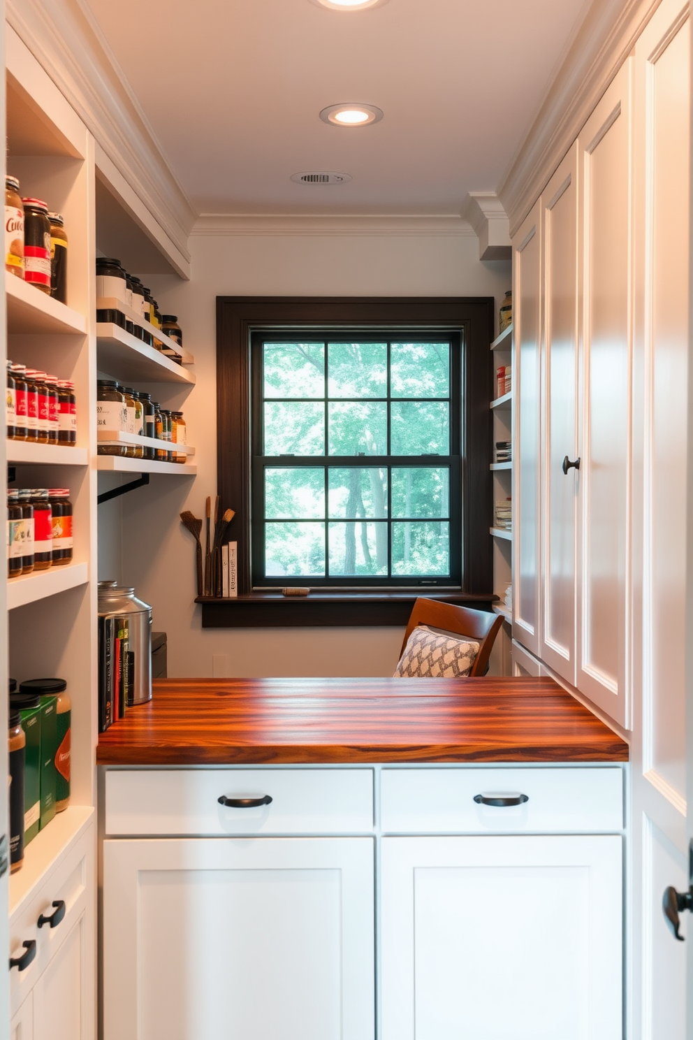 A stylish townhouse pantry featuring vertical dividers specifically designed for baking sheets. The cabinetry is painted in a soft white finish with sleek brass hardware, creating a clean and modern look. The pantry includes open shelving above the dividers to store cookbooks and decorative jars. A cozy reading nook is integrated into one corner, complete with a plush chair and a small side table.