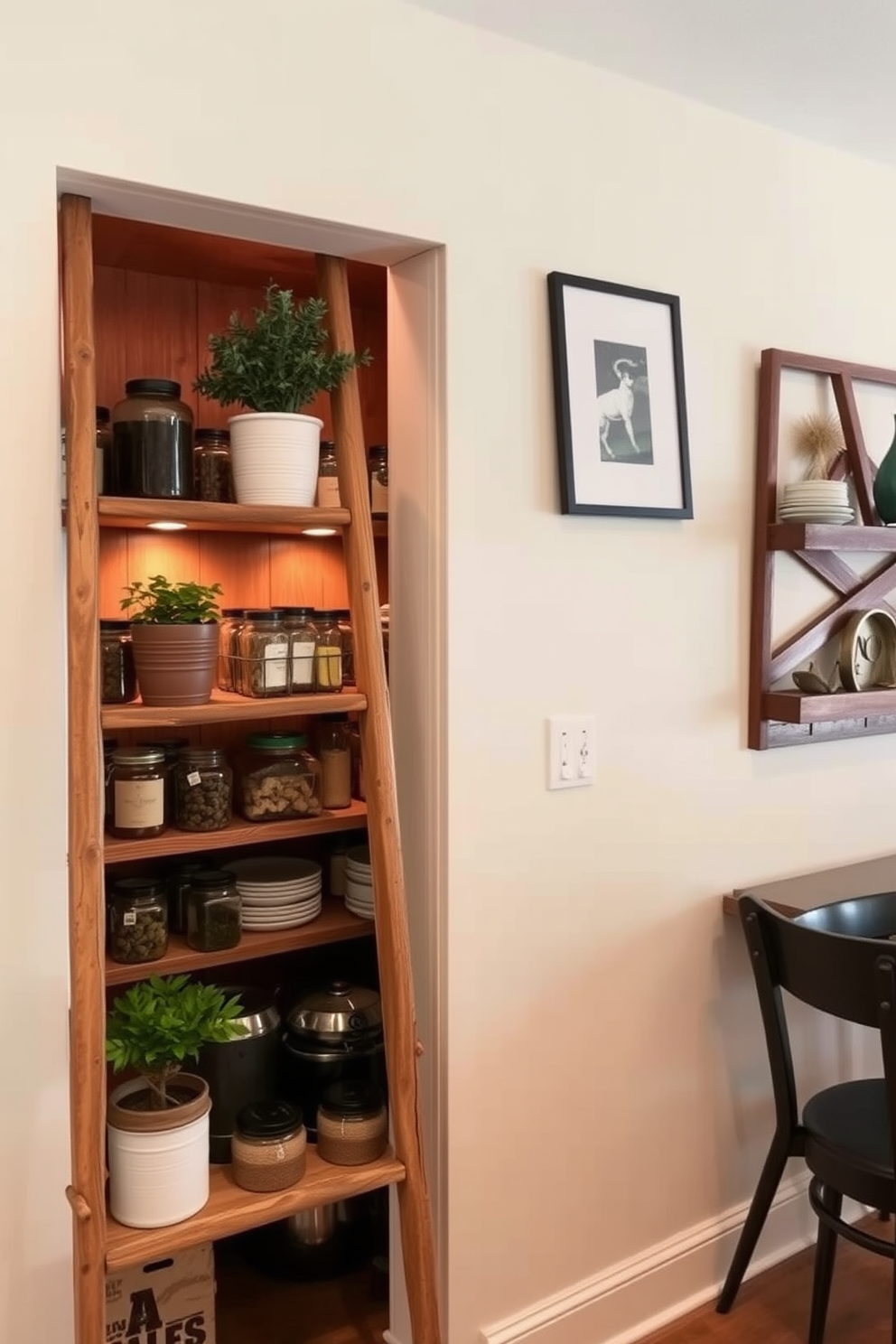 A decorative ladder is elegantly positioned against the wall, showcasing a curated collection of potted plants and decorative items. The ladder's natural wood finish complements the warm tones of the surrounding decor, adding a touch of rustic charm. The townhouse pantry features open shelving made of reclaimed wood, providing ample space for neatly arranged jars and kitchen essentials. Soft, ambient lighting highlights the pantry's contents, creating an inviting atmosphere perfect for culinary creativity.