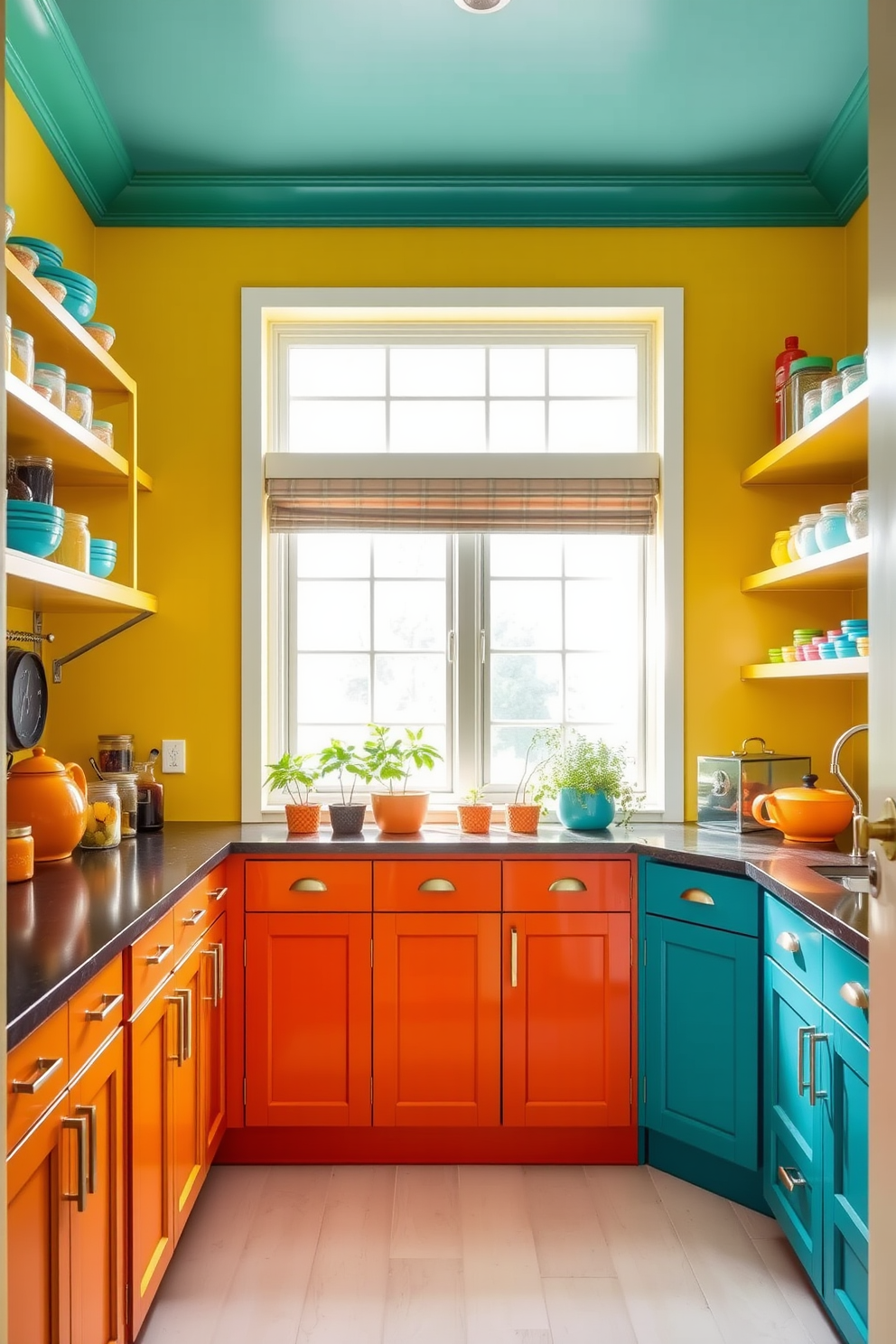 A stylish pantry featuring a rotating lazy Susan for easy corner access. The shelves are neatly organized with labeled jars and baskets, creating a functional and aesthetically pleasing space.