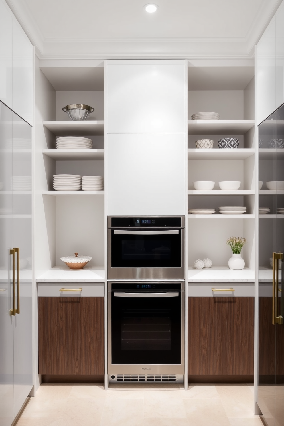 A stylish townhouse pantry featuring integrated appliances that blend effortlessly with the cabinetry. The design includes sleek, handleless doors in a soft white finish, providing a clean and modern aesthetic. The pantry showcases a built-in refrigerator and oven, maintaining a streamlined look. Open shelving above the countertops displays carefully arranged dishware and decorative items, enhancing the overall elegance of the space.