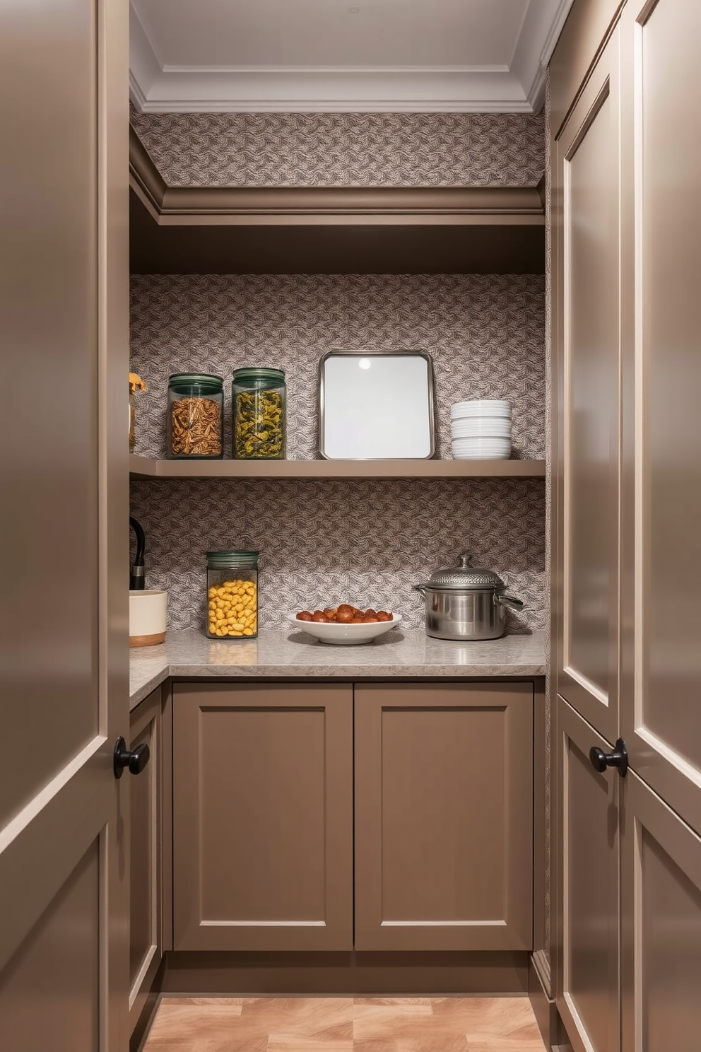 A serene pantry space featuring neutral tones that evoke a calming atmosphere. The cabinetry is a soft beige with sleek handles, complemented by a light wood countertop that enhances the tranquil vibe. Open shelving displays neatly organized jars and baskets, adding functional beauty to the design. A subtle backsplash in a muted gray provides a gentle contrast, while soft lighting illuminates the entire space, creating an inviting ambiance.