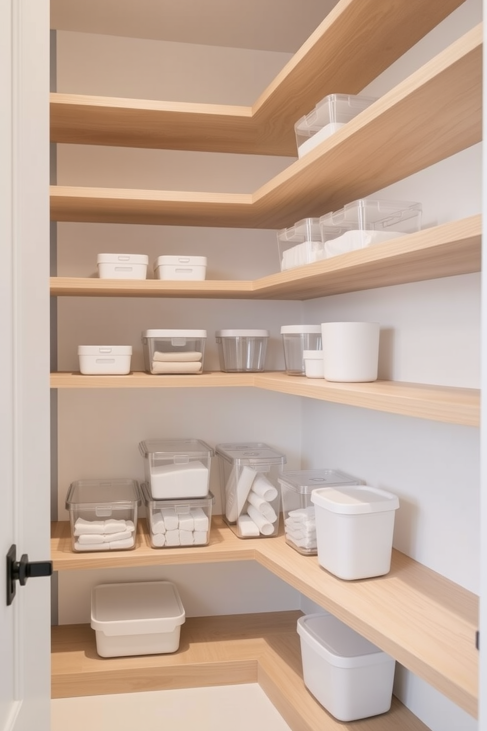 Textured wallpaper adds depth and character to the space, creating a warm and inviting atmosphere. The pantry features open shelving that showcases neatly organized jars and kitchenware, enhancing both functionality and aesthetics. Natural wood accents complement the wallpaper, providing a rustic touch that harmonizes with modern elements. Soft lighting illuminates the pantry, highlighting the details of the wallpaper and creating an inviting ambiance.