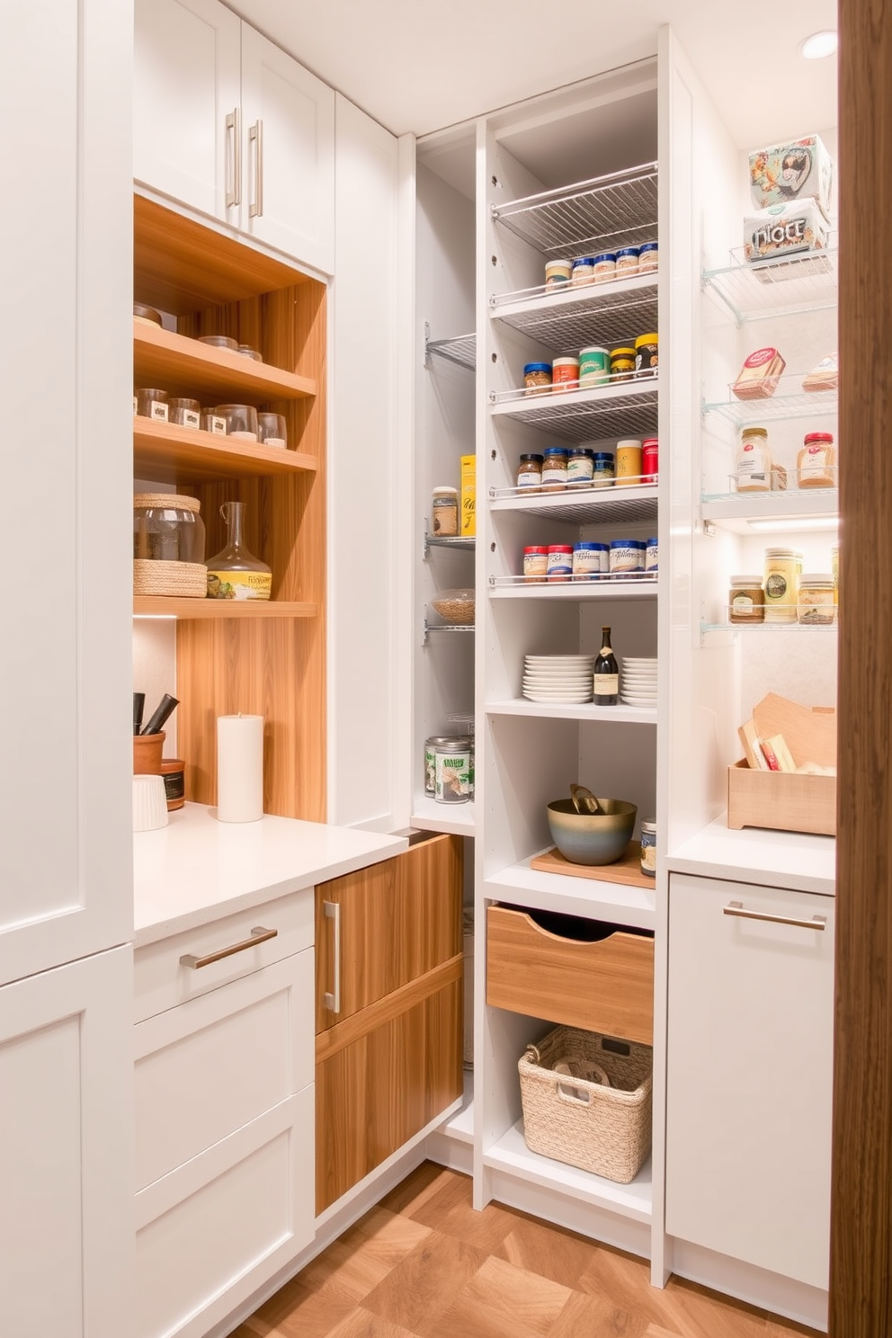 A modern townhouse pantry featuring pull-down racks for easy access to hard-to-reach items. The design includes sleek cabinetry in a soft white finish, complemented by warm wood accents and integrated lighting for a bright, inviting atmosphere.