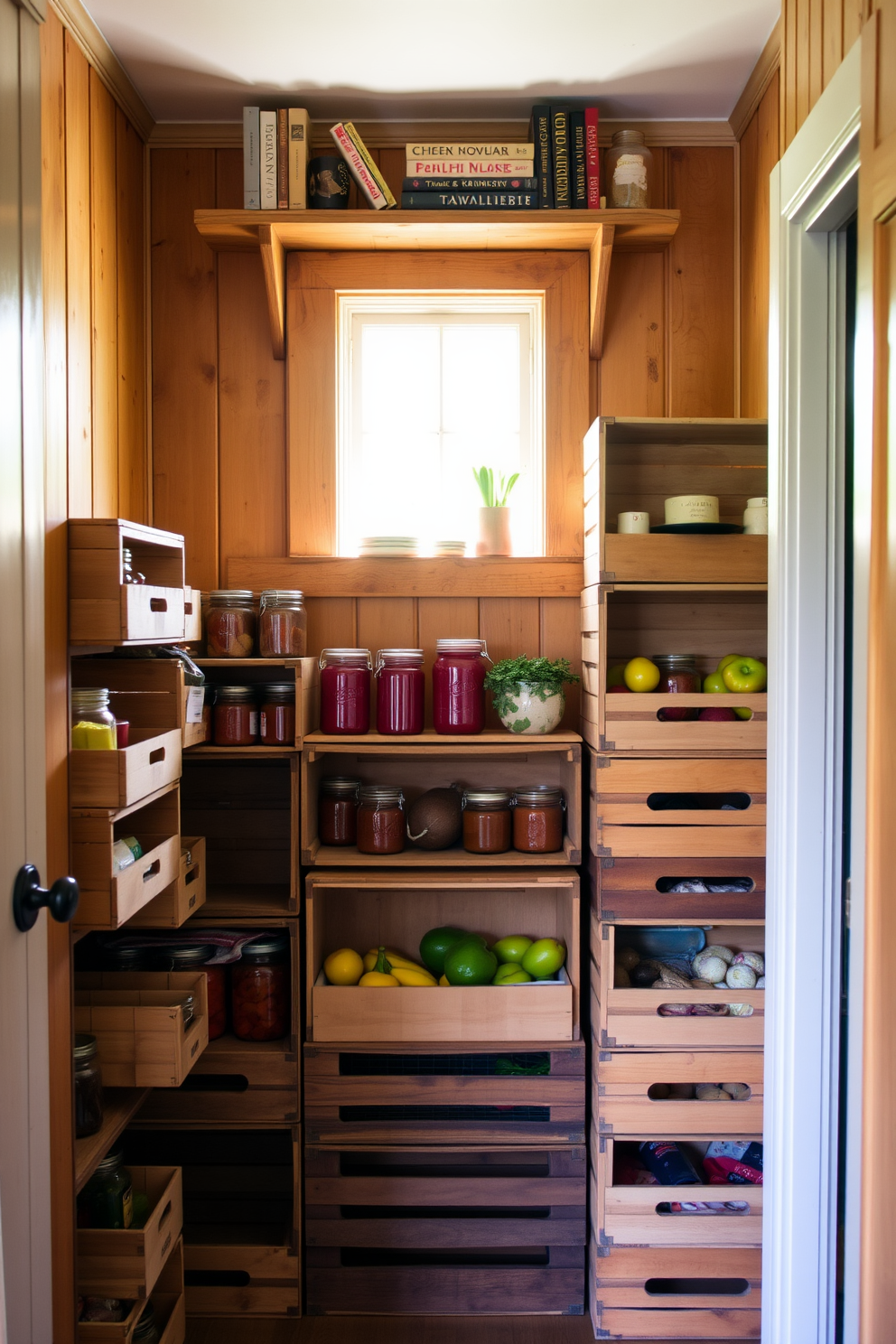 A modern townhouse pantry featuring integrated appliances for a seamless design. The cabinetry is sleek and minimalist, with a combination of matte black and natural wood finishes. A spacious layout allows for easy access to all essentials, with a built-in refrigerator and microwave seamlessly incorporated into the cabinetry. Open shelving displays neatly organized jars and cookbooks, adding a touch of warmth to the contemporary space.