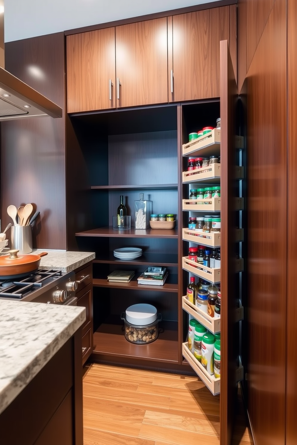 A stylish townhouse pantry features pull-out spice racks conveniently located beside the main cooking area. The design incorporates sleek cabinetry with a warm wood finish, maximizing storage while maintaining an organized and inviting atmosphere.