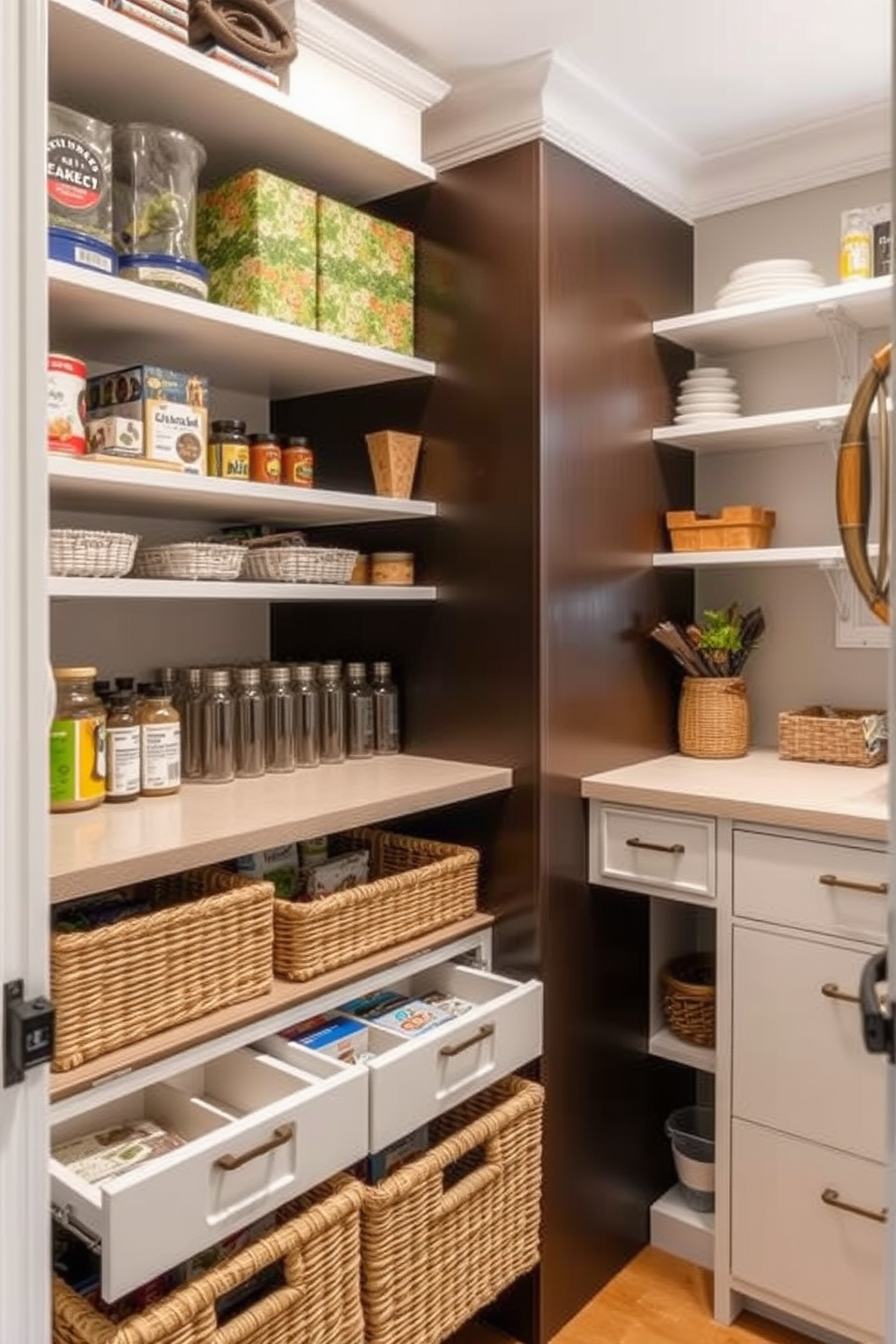 A stylish pantry island designed for additional prep space features a large butcher block countertop and ample storage underneath. The cabinetry is painted in a soft white hue, complemented by sleek brass hardware and open shelving displaying decorative jars and cookbooks. The townhouse pantry design incorporates a combination of modern and rustic elements, with exposed wooden beams overhead and a cozy seating nook. Natural light floods the space through a large window, highlighting the fresh herbs planted in pots on the windowsill.