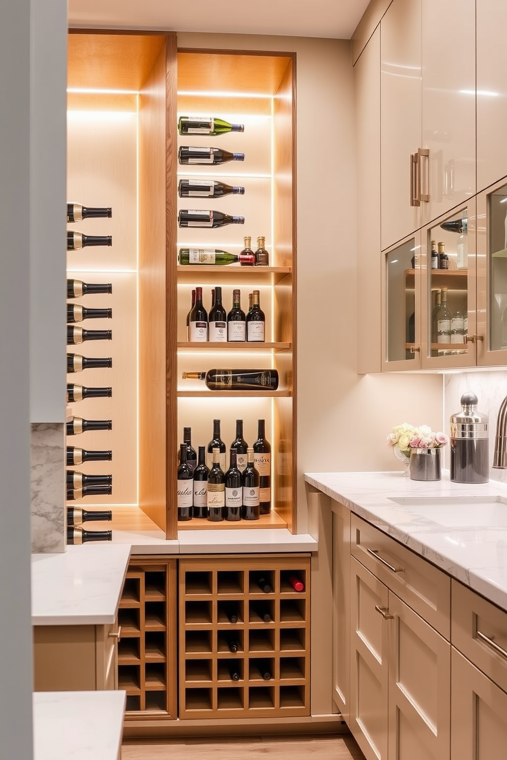 A built-in wine rack adds an elegant touch to a townhouse pantry. The design features sleek wooden shelves that display an array of wine bottles, complemented by ambient lighting to enhance the overall aesthetic. The pantry is designed with ample storage, including cabinets and drawers that blend seamlessly with the wine rack. A marble countertop provides a functional workspace, while the color palette incorporates soft neutrals for a warm and inviting atmosphere.