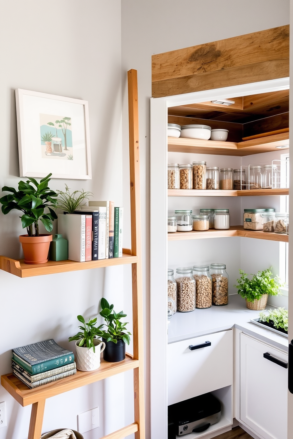 A stylish ladder shelf made of natural wood leans against a light gray wall, showcasing a mix of potted plants and decorative books. The top of the shelf features a small framed artwork that adds a pop of color to the overall aesthetic. In the townhouse pantry, sleek white cabinetry complements open shelving made of reclaimed wood, creating a warm and inviting atmosphere. The pantry is organized with clear glass containers filled with dry goods, while a small herb garden sits on the countertop near a window.