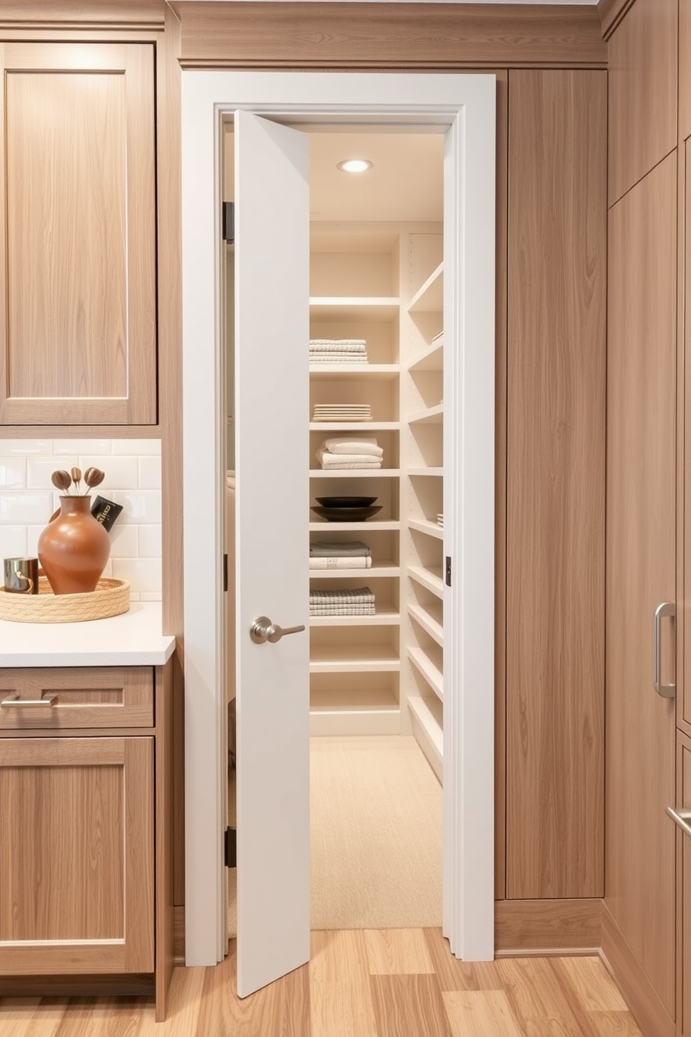 A stylish townhouse pantry featuring built-in spice racks for easy access and organization. The design includes open shelving above the spice racks, with a warm wood finish and soft ambient lighting to enhance the space.