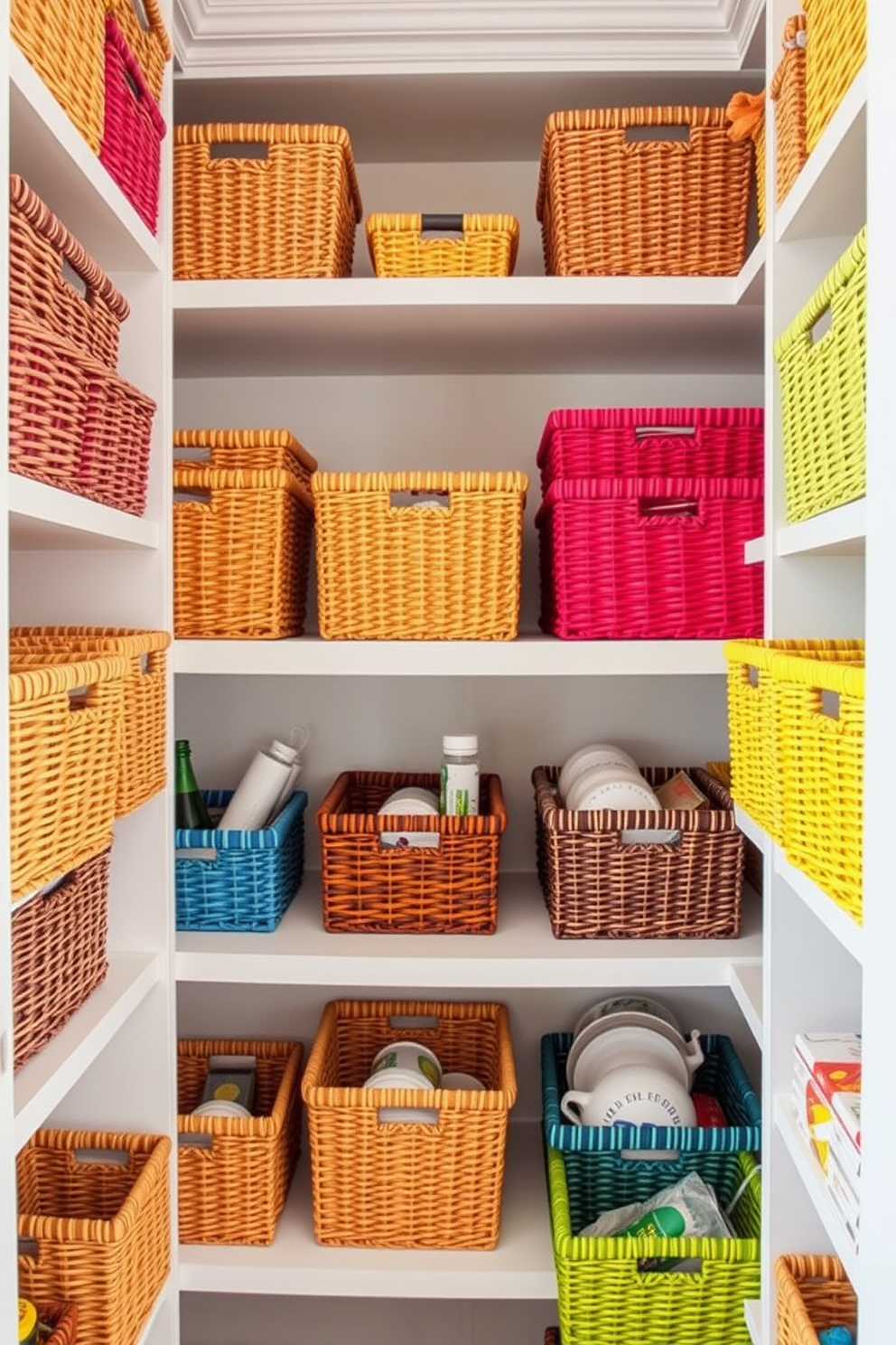 A stylish townhouse pantry filled with colorful woven baskets neatly arranged on open shelves. Each basket showcases a different vibrant color, creating a cheerful and organized atmosphere while storing various pantry items.