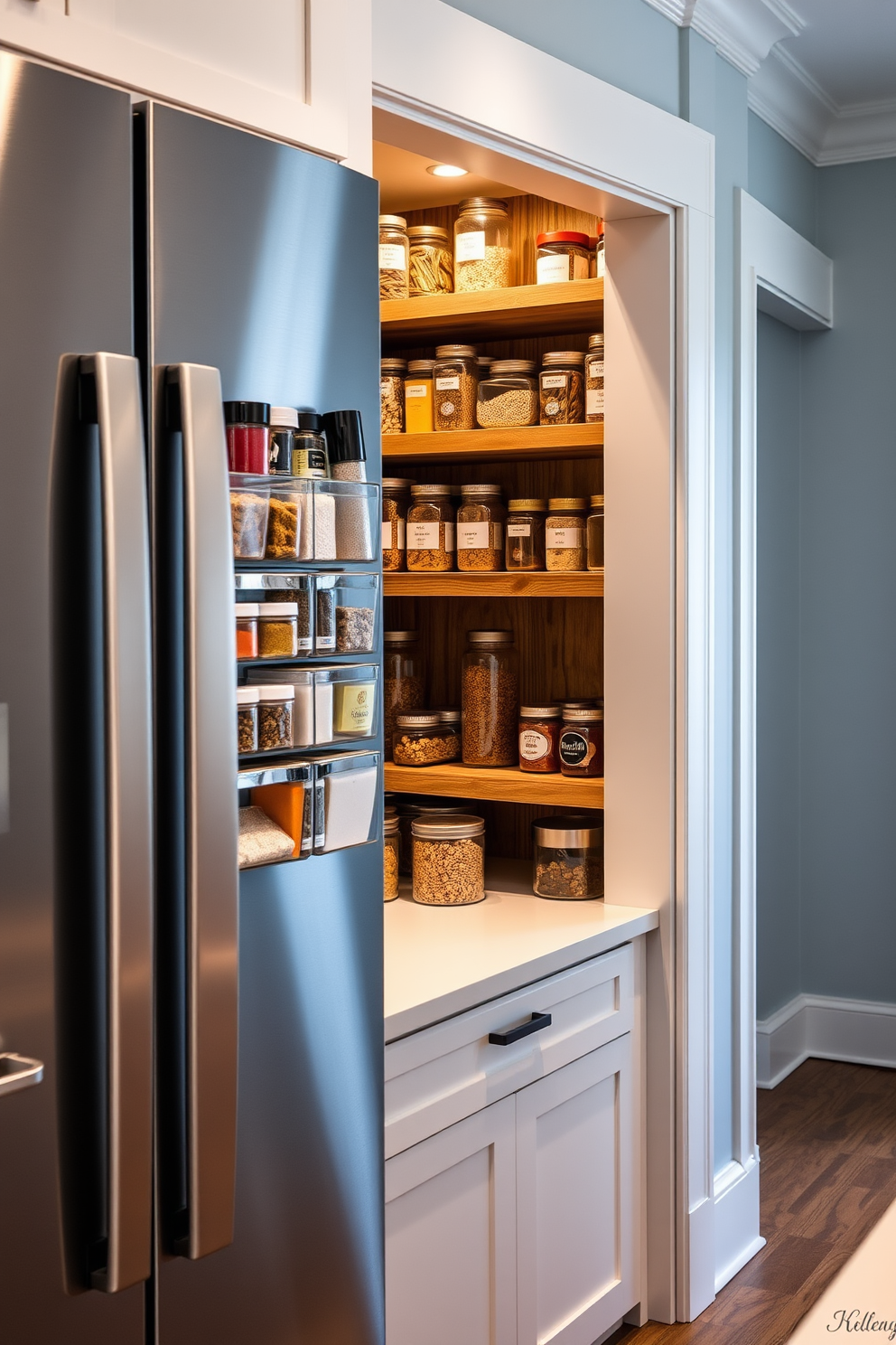 Magnetic spice containers are neatly arranged on the side of a modern fridge, showcasing a variety of colorful spices that add a pop of vibrancy to the kitchen. The sleek fridge is set against a backdrop of white cabinetry and a minimalist countertop, creating a clean and organized look. The townhouse pantry features open shelving made of reclaimed wood, displaying neatly organized jars and containers for grains and snacks. Soft ambient lighting illuminates the space, highlighting the warm tones of the wood and creating an inviting atmosphere.