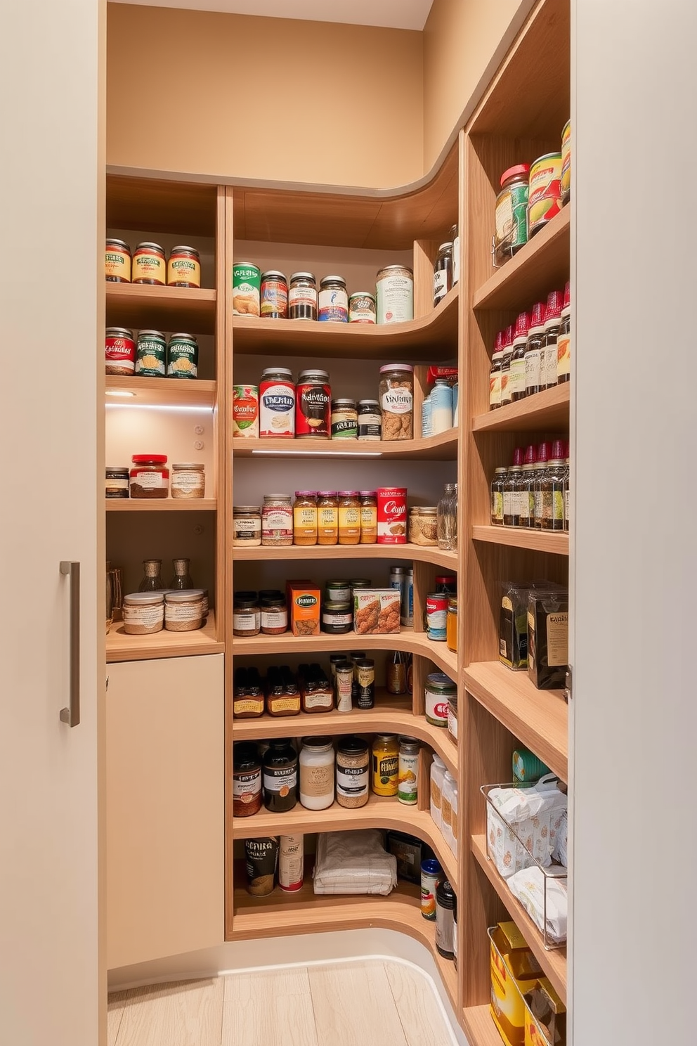 A corner pantry with rotating shelves features a sleek design that maximizes storage while maintaining easy access to all items. The walls are painted in a warm neutral tone, and the shelves are crafted from high-quality wood, providing a modern yet functional aesthetic. In this townhouse pantry design, the rotating shelves allow for efficient organization of canned goods, spices, and bulk items. Soft LED lighting illuminates the space, highlighting the elegant finishes and creating an inviting atmosphere.