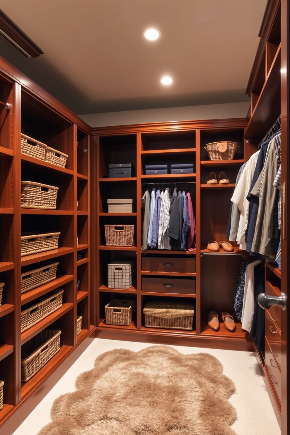 A spacious walk-in closet designed for optimal organization features floor-to-ceiling shelving units made of rich mahogany. Each shelf is neatly arranged with baskets and boxes, while hanging rods are placed at varying heights for easy access to clothes and accessories. The closet is illuminated by soft recessed lighting that highlights the elegant design. A plush area rug adds warmth to the space, creating a welcoming atmosphere for getting dressed.