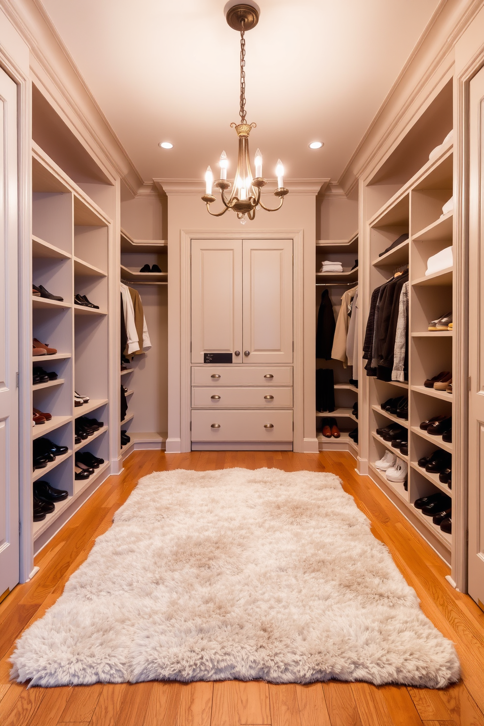 A stylish townhouse walk-in closet featuring a full-length mirror for convenience. The space is designed with custom shelving and hanging racks in a warm wood finish, creating an inviting atmosphere.