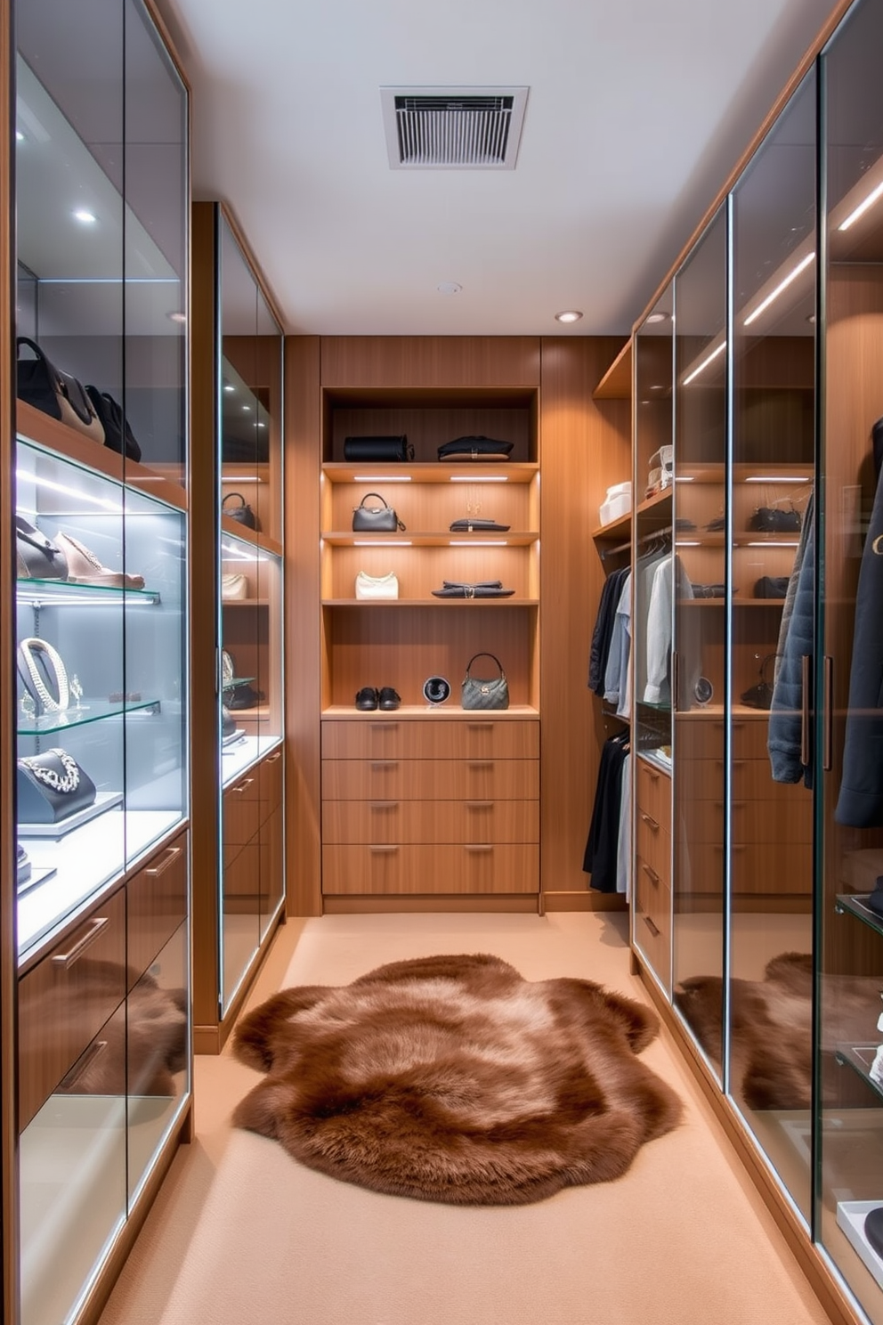 A modern walk-in closet featuring sleek glass display cases for accessories. The display cases are illuminated with soft LED lighting, showcasing an array of jewelry and handbags against a backdrop of warm wood paneling. The closet is spacious with a combination of open shelving and hanging space, allowing for organized storage of clothing. A plush area rug lies in the center, adding a touch of luxury to the design.