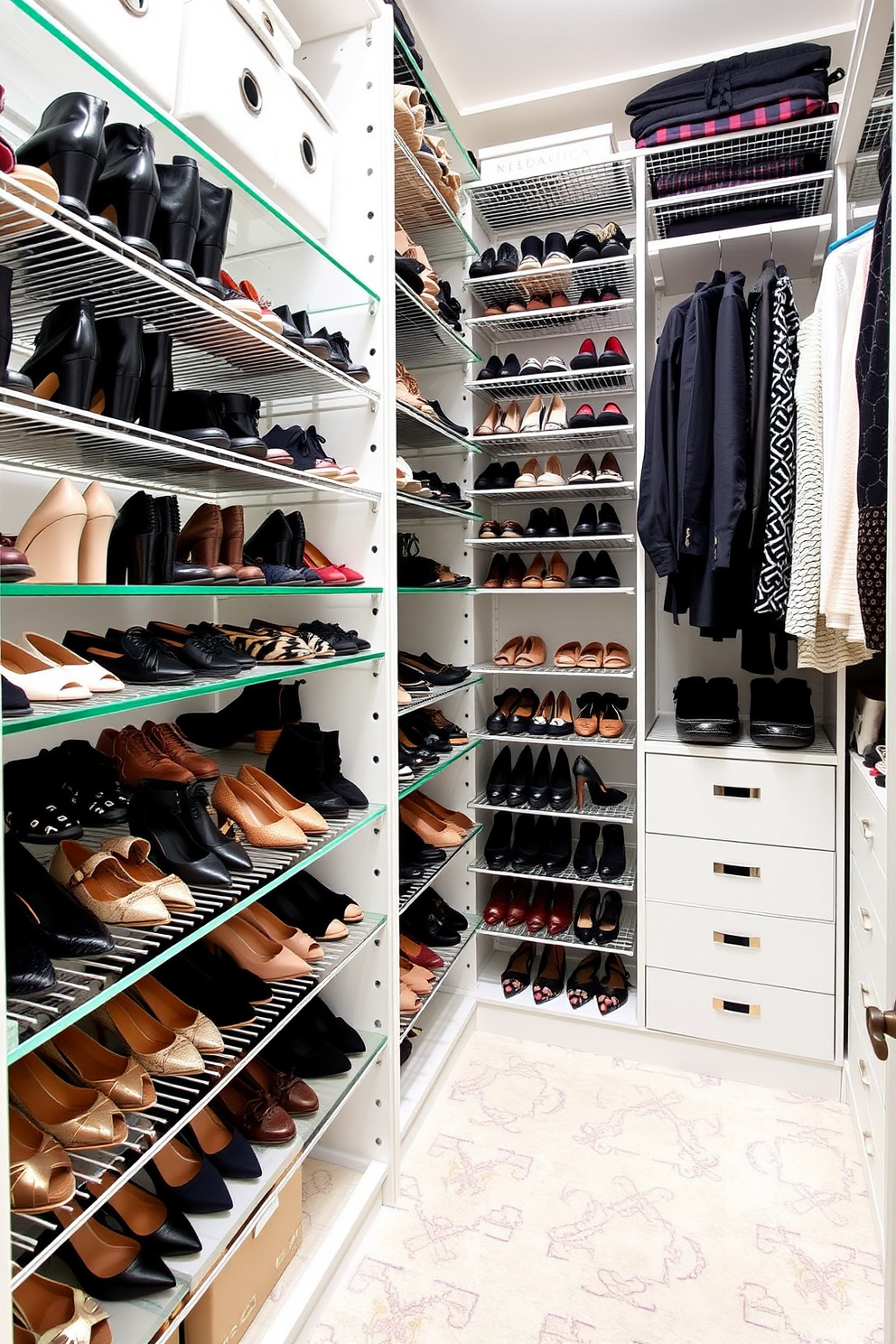 A stylish townhouse walk-in closet features multi-tiered shoe racks that showcase an organized collection of footwear. The racks are designed for visibility, allowing easy access to each pair while maintaining a chic aesthetic.