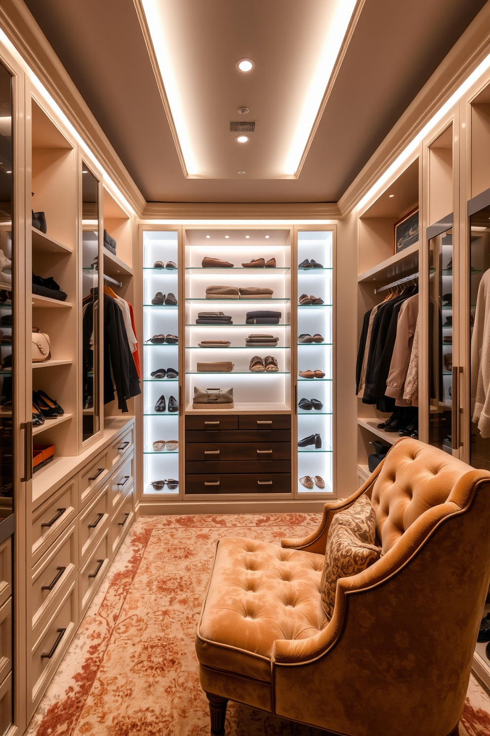 A luxurious walk-in closet designed for a townhouse featuring custom-built shelving and hanging space. In one corner, a small seating area is created with a plush velvet chair and a stylish side table, perfect for putting on shoes or enjoying a moment of relaxation. The walls are adorned with soft ambient lighting that highlights the elegant finishes and organized accessories. A large full-length mirror reflects the space, enhancing the sense of openness and sophistication in this personal sanctuary.