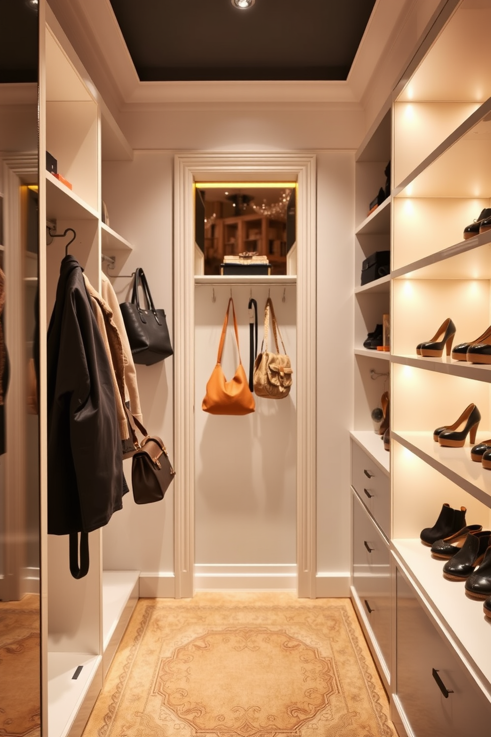 A stylish walk-in closet designed for a townhouse featuring hooks for bags and accessories. The space is illuminated by warm lighting, with elegant shelving on either side to display shoes and accessories.