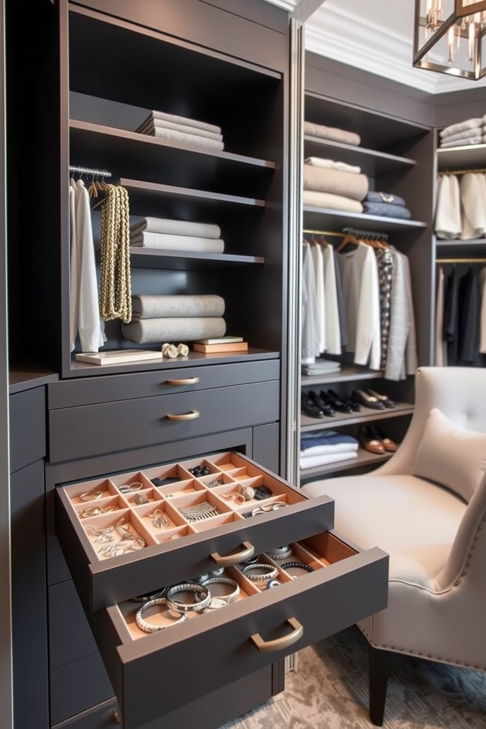 A stylish townhouse walk-in closet features clear bins arranged on shelves for optimal visibility and easy access to items. The space is enhanced by soft lighting that highlights the organized layout and a plush area rug that adds a touch of comfort.