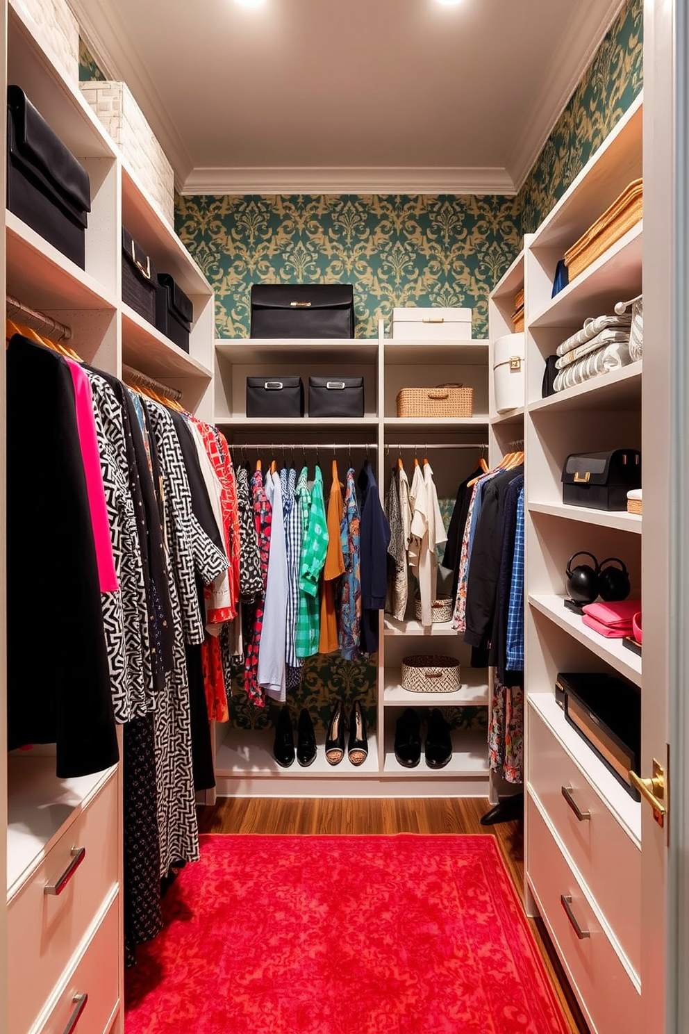 A stylish walk-in closet featuring bold patterned wallpaper that adds a pop of personality to the space. The closet is equipped with custom shelving and hanging rods, showcasing an organized display of clothing and accessories.