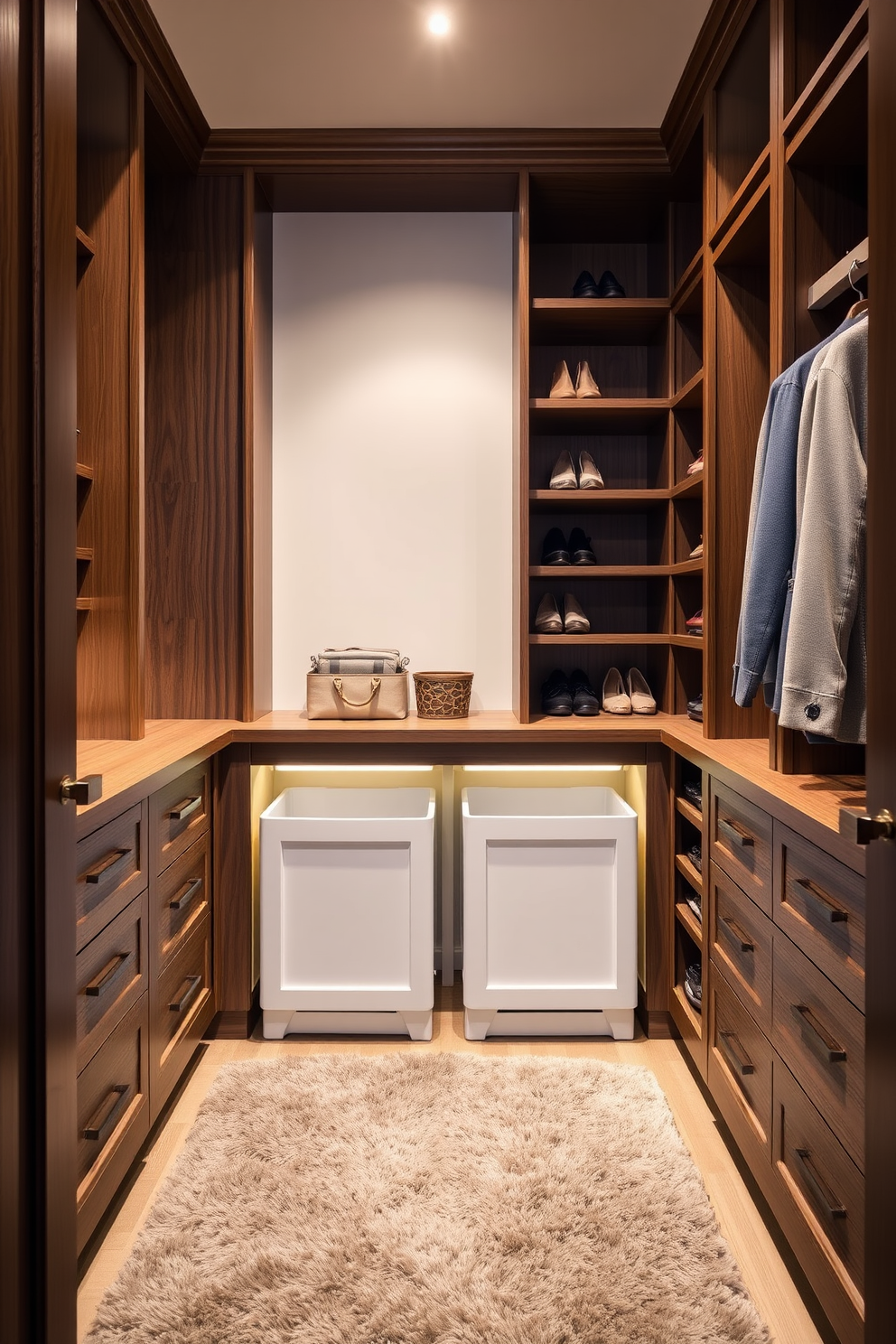 A stylish walk-in closet designed for a townhouse features pull-out hampers seamlessly integrated into the cabinetry for laundry convenience. The space is illuminated by soft lighting, enhancing the rich wooden shelves that store shoes and accessories, while a plush area rug adds warmth underfoot.