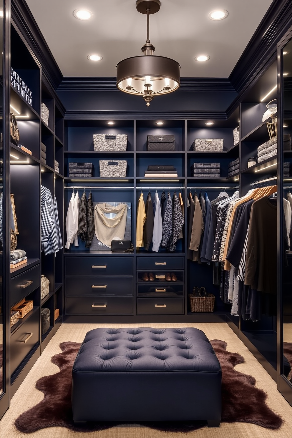 A striking accent wall painted in a deep navy blue creates a dramatic focal point in the townhouse walk-in closet. The closet features custom shelving and hanging space, beautifully organized with stylish accessories and ample lighting. Luxurious finishes like a plush area rug and elegant lighting fixtures enhance the overall aesthetic. A comfortable seating area with a chic ottoman invites relaxation while choosing outfits.