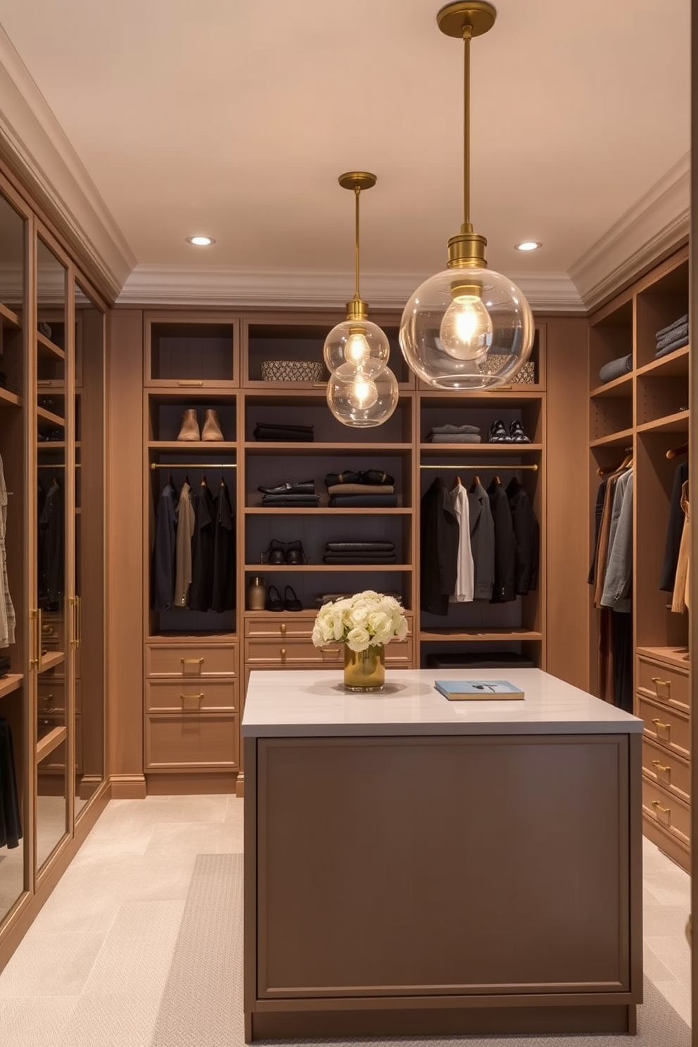 Elegant pendant lighting for ambiance. The fixtures are made of glass and brass, casting a warm glow throughout the space. Townhouse walk-in-closet design ideas. The layout features built-in shelving and a central island with drawers, maximizing storage and organization.