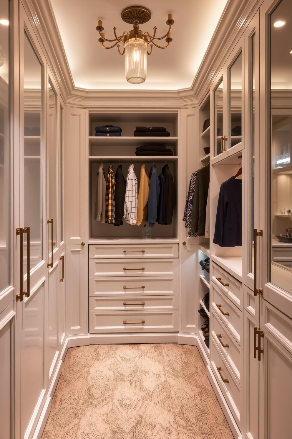 A luxurious townhouse walk-in closet features floor-to-ceiling cabinets that provide ample storage space. The design incorporates elegant lighting fixtures that enhance the overall ambiance and showcase the organized shelving and hanging areas.