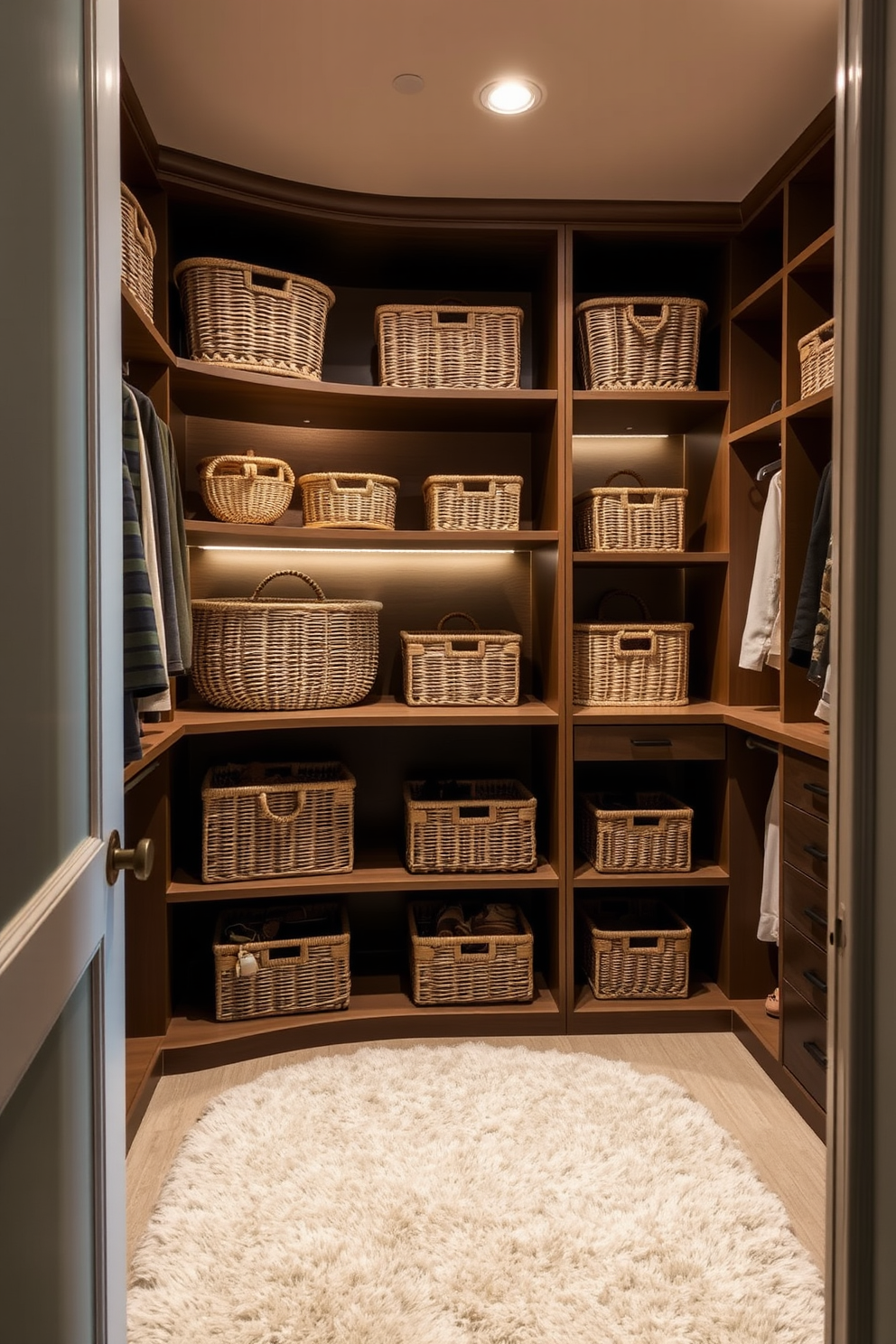 A stylish walk-in closet featuring a fold-down ironing board seamlessly integrated into the cabinetry. The space is adorned with elegant shelving units, a plush ottoman in the center, and ample hanging space for clothing, all illuminated by soft recessed lighting.