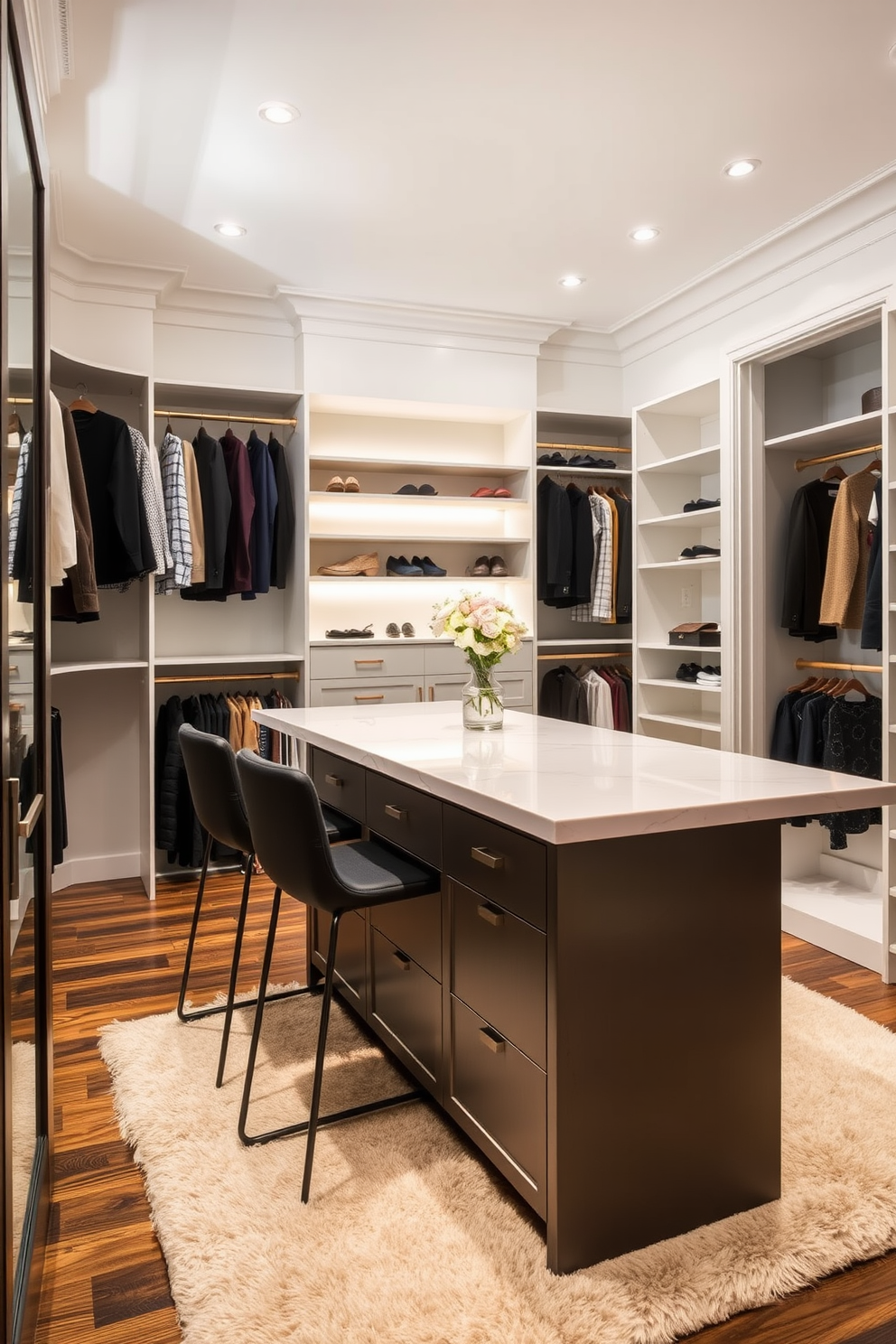 A luxurious walk-in closet featuring a spacious vanity area designed for makeup application. The vanity includes a large illuminated mirror, elegant storage drawers, and a plush stool for comfort. The closet is lined with custom shelving for shoes and accessories, showcasing a blend of hanging space and organized compartments. Soft ambient lighting enhances the rich wood finishes and the plush carpet underfoot, creating a welcoming atmosphere.