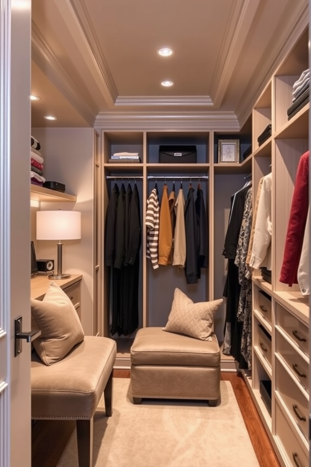 A spacious walk-in closet featuring custom cabinetry in a soft beige finish. The design includes a central island with drawers for accessories and a full-length mirror on one side, enhancing functionality and style. The closet is illuminated by recessed lighting that highlights the neutral palette, creating an inviting atmosphere. Plush carpeting in a light tone adds warmth and comfort underfoot, completing the elegant design.