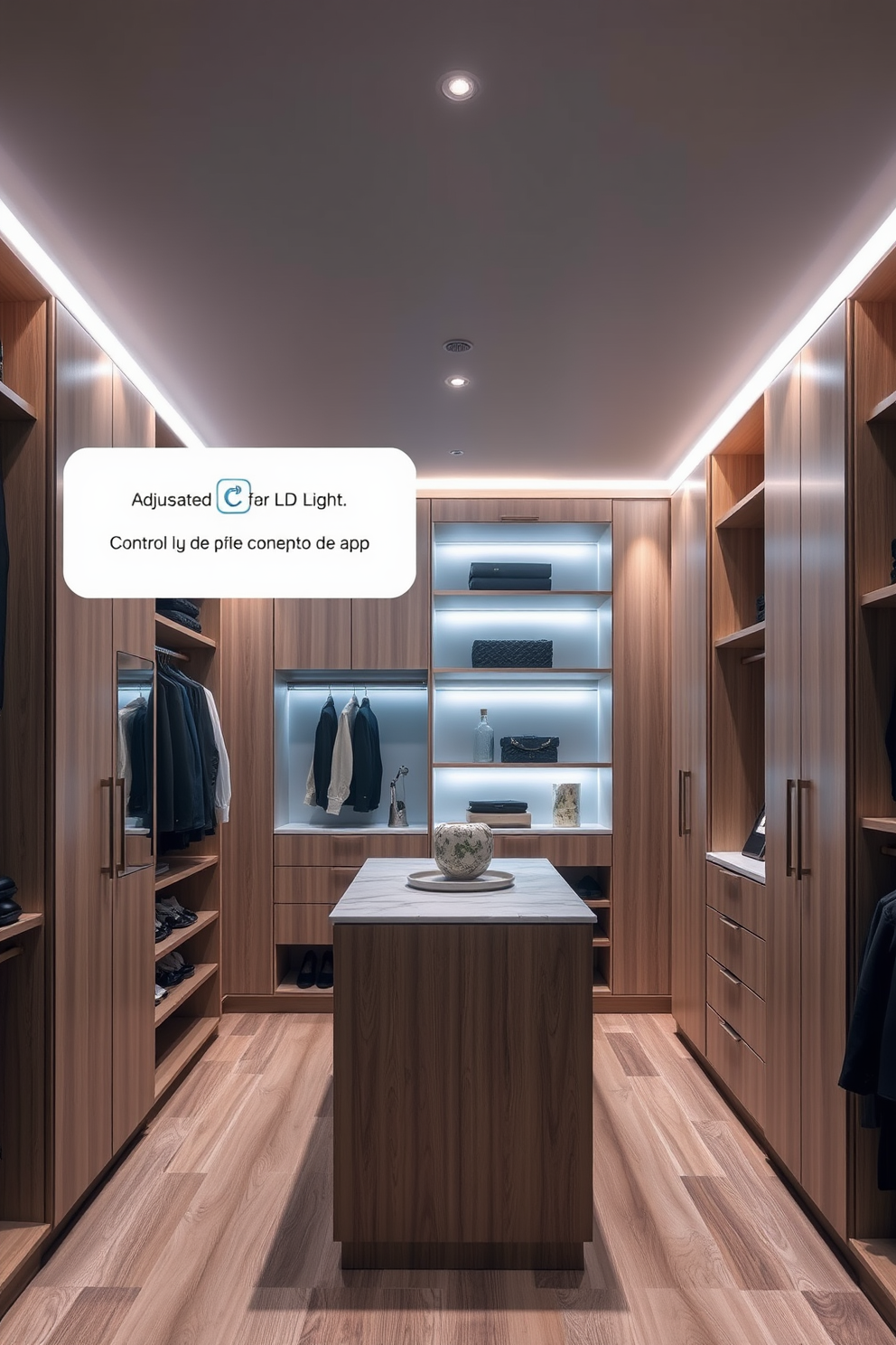 A stylish townhouse walk-in closet features rounded shelves that elegantly utilize corner space. The shelves are adorned with neatly arranged shoes and accessories, creating a spacious and organized feel.