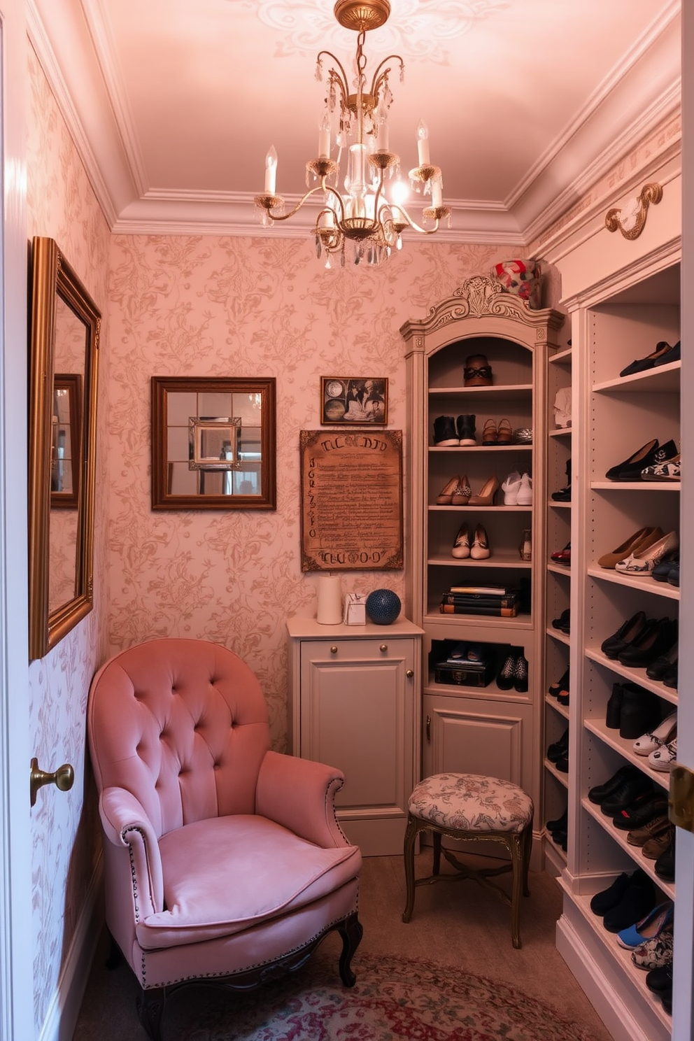 A charming walk-in closet featuring vintage decor elements. The walls are adorned with ornate wallpaper in soft pastel colors, and a plush velvet armchair sits in one corner. Antique wooden shelves display a curated collection of shoes and accessories. A vintage chandelier hangs from the ceiling, casting a warm glow over the space.