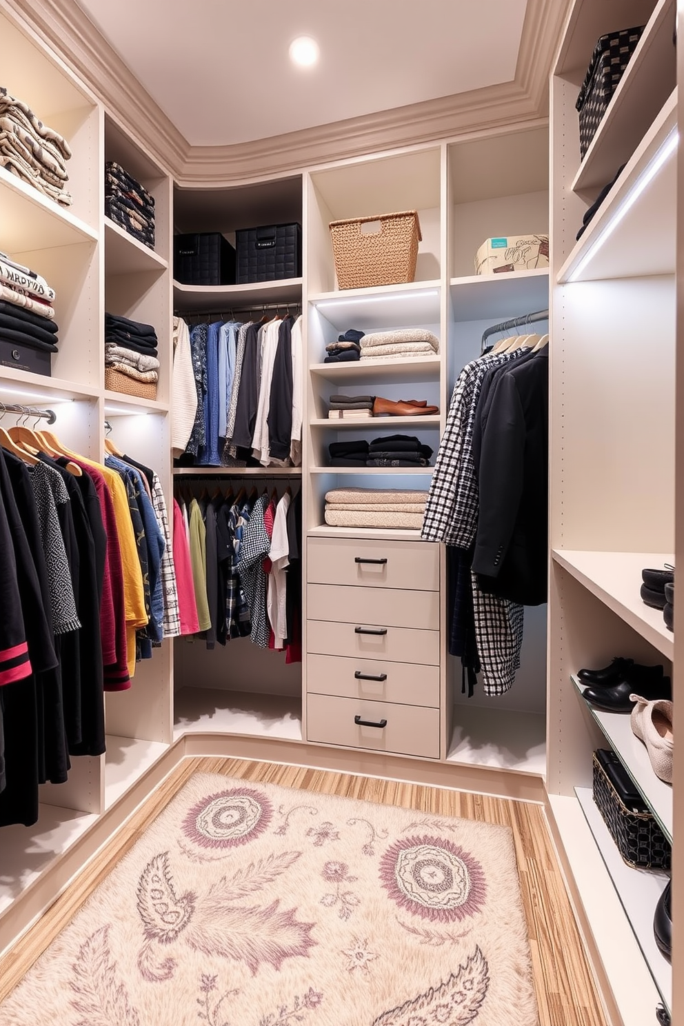 A stylish townhouse walk-in closet features fabric bins arranged neatly on shelves, adding a soft touch to the space. The walls are painted in a light neutral tone, while a plush area rug defines the dressing area, enhancing comfort and elegance.