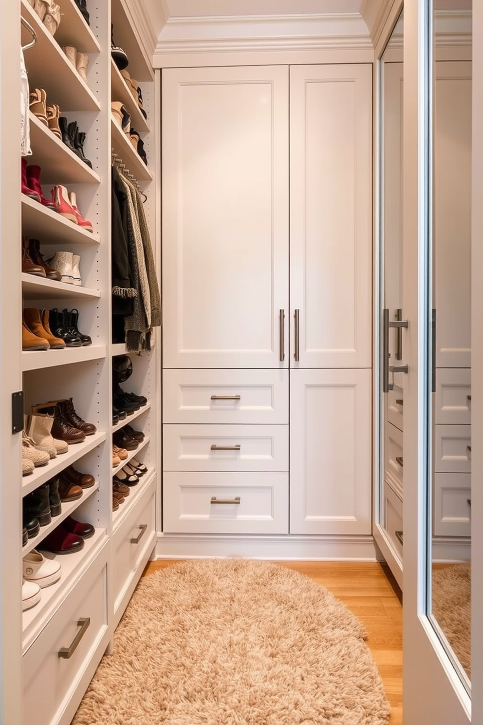 A stylish townhouse walk-in closet features designated areas for shoes, accessories, and clothing. The shoe section showcases elegant shelving with ample space for high heels and sneakers, while the accessory area includes organized drawers for jewelry and bags. The clothing section is divided into hanging space for dresses and suits, complemented by a central island with a marble top for folding and displaying items. Soft lighting illuminates the space, enhancing the luxurious feel of this organized and functional closet design.