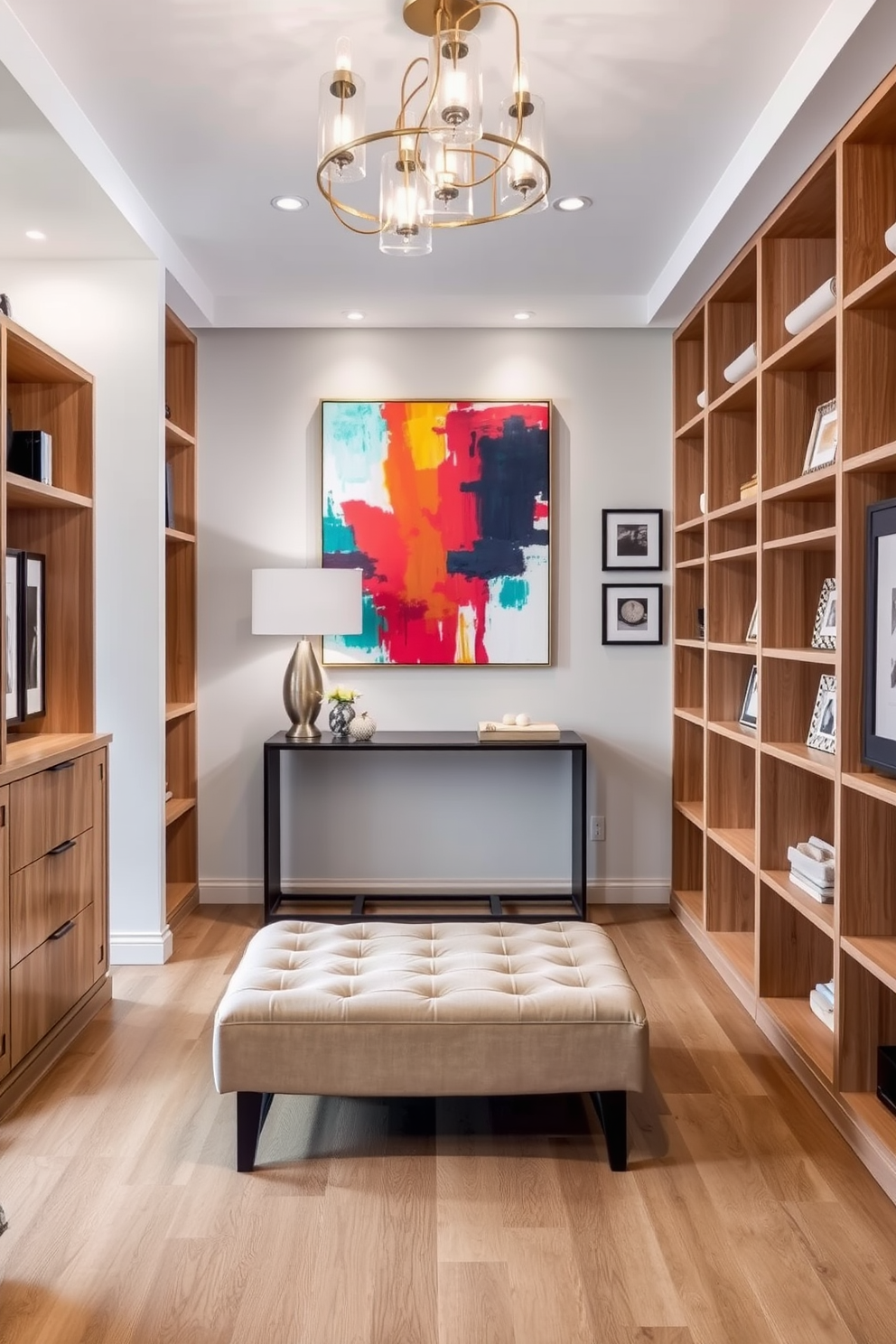 A stylish walk-in closet designed with modern aesthetics. The walls are painted in a soft gray, and the floor is finished with light hardwood. Sleek shelving units in white provide ample storage for shoes and accessories. A vibrant area rug in teal adds a pop of color, complementing the elegant lighting fixtures overhead.