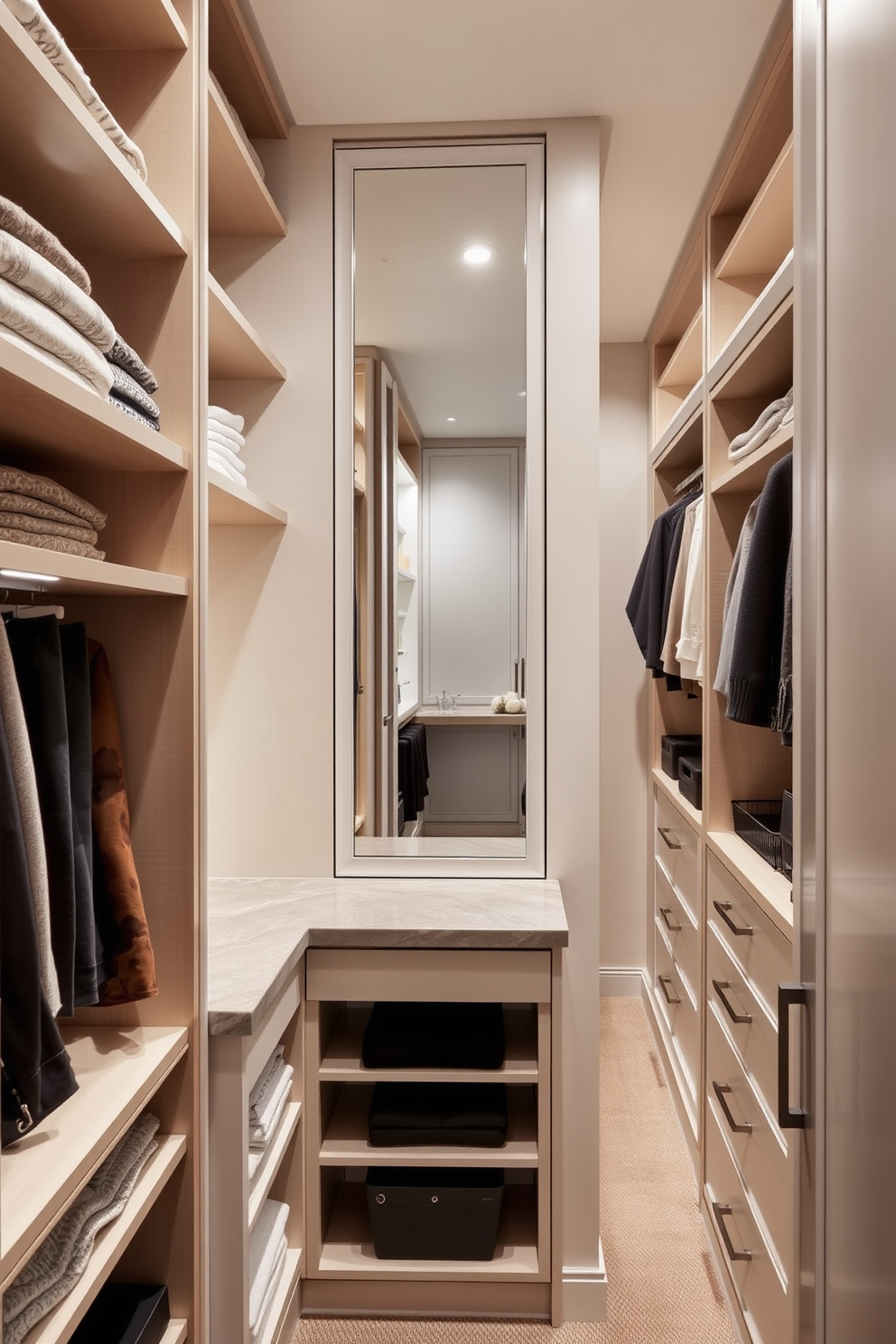 Design a spacious and organized walk-in closet that maximizes storage while ensuring easy access to clothing and accessories. Incorporate a combination of open shelving, hanging rods, and drawers to create a functional layout that promotes flow and efficiency.