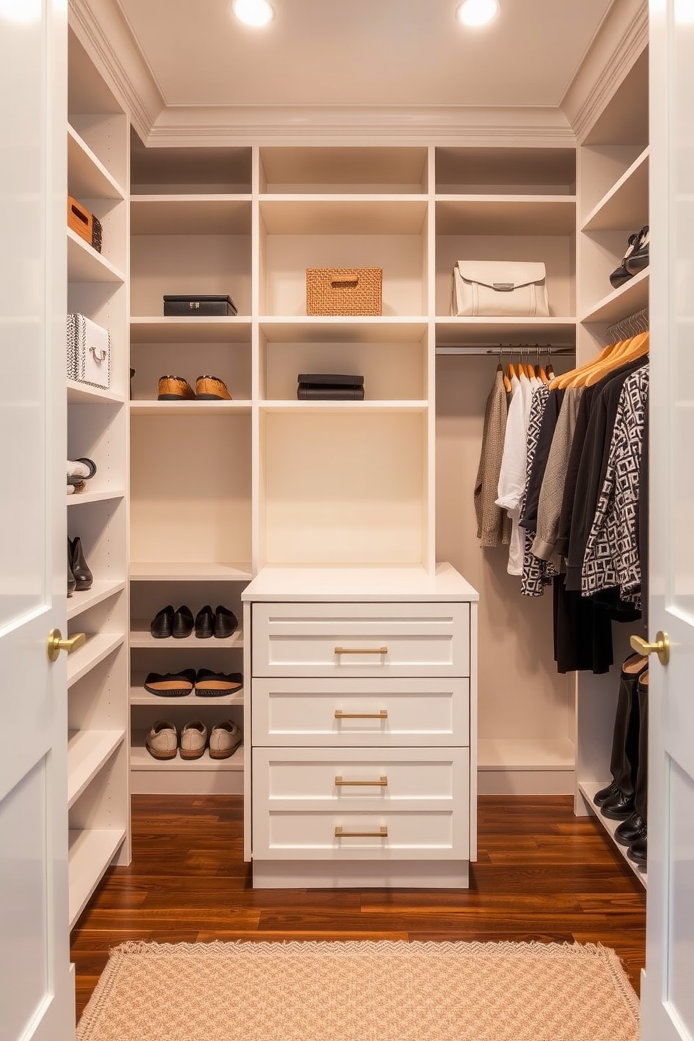 Custom built-ins designed for maximizing space in a townhouse walk-in closet. The layout features floor-to-ceiling shelving, a central island with drawers, and a combination of hanging rods for clothes and shoe racks for easy access.