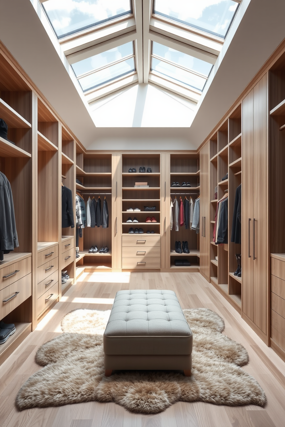 A spacious walk-in closet bathed in natural light streaming through large skylights. The design features elegant shelving units made of light wood, complemented by a plush area rug and a stylish ottoman in the center.