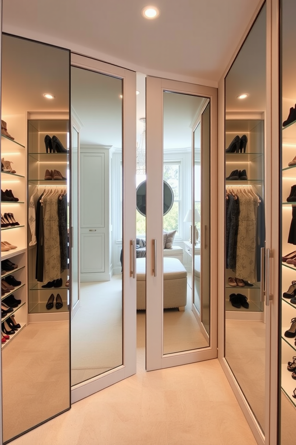 A luxurious townhouse walk-in closet featuring mirrored doors that reflect natural light and create a bright and airy atmosphere. The space is elegantly organized with custom shelving for shoes and accessories, complemented by soft ambient lighting that enhances the overall sophistication.