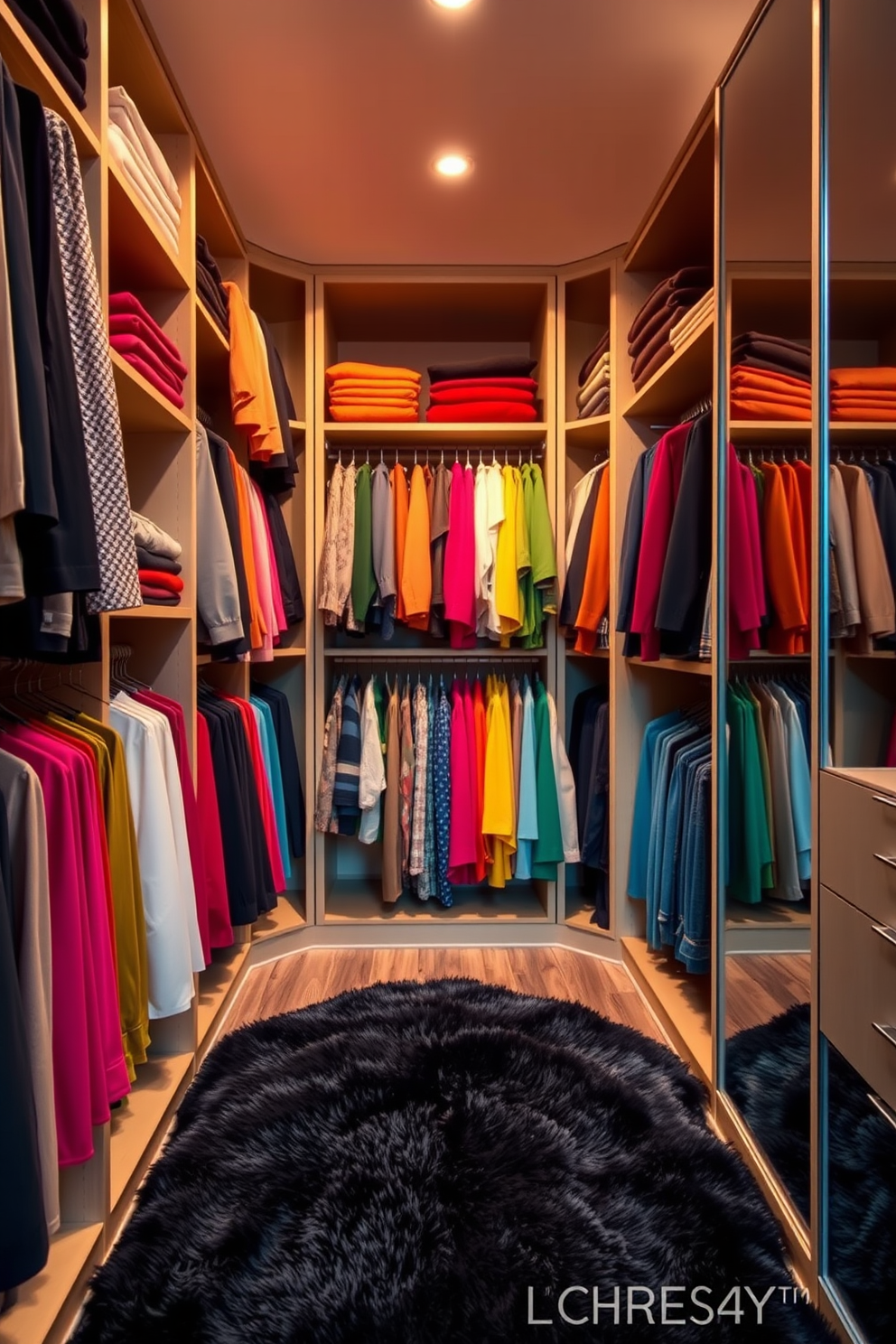 A stylish walk-in closet featuring a color-coordinated clothing display. The walls are lined with custom shelving units that showcase a variety of garments arranged by color, creating a visually appealing and organized space. Soft lighting illuminates the closet, highlighting the textures and fabrics of the clothing. A plush area rug adds warmth underfoot, while a full-length mirror enhances the sense of space and functionality.