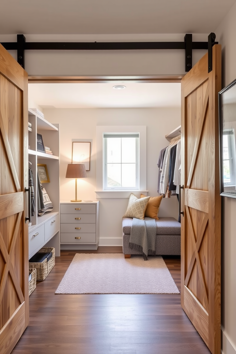 Sliding barn doors add a rustic touch to the townhouse walk-in closet. The space features open shelving, soft lighting, and a cozy seating area to enhance functionality and style.