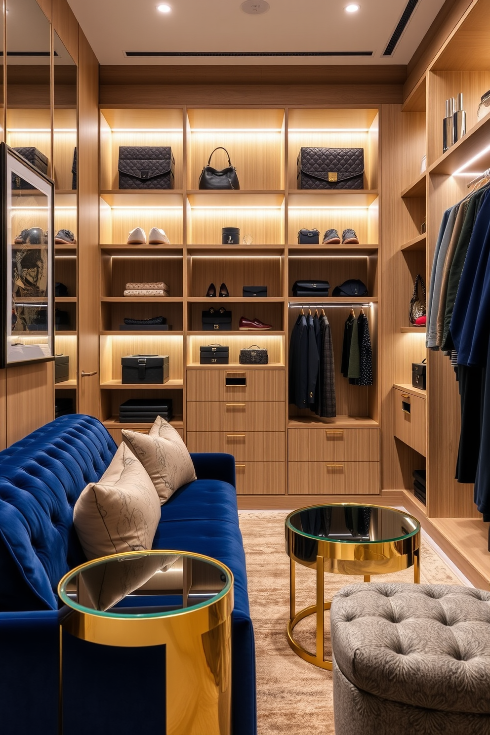 A stylish townhouse walk-in closet featuring a spacious center island designed for accessories. The island is topped with a smooth marble surface and includes built-in drawers for organization, surrounded by custom cabinetry in a warm wood finish. The walls are adorned with soft, neutral tones, creating a calming atmosphere, while elegant lighting fixtures illuminate the space. Shelving units display shoes and bags, and a full-length mirror is strategically placed to enhance the functionality of the closet.