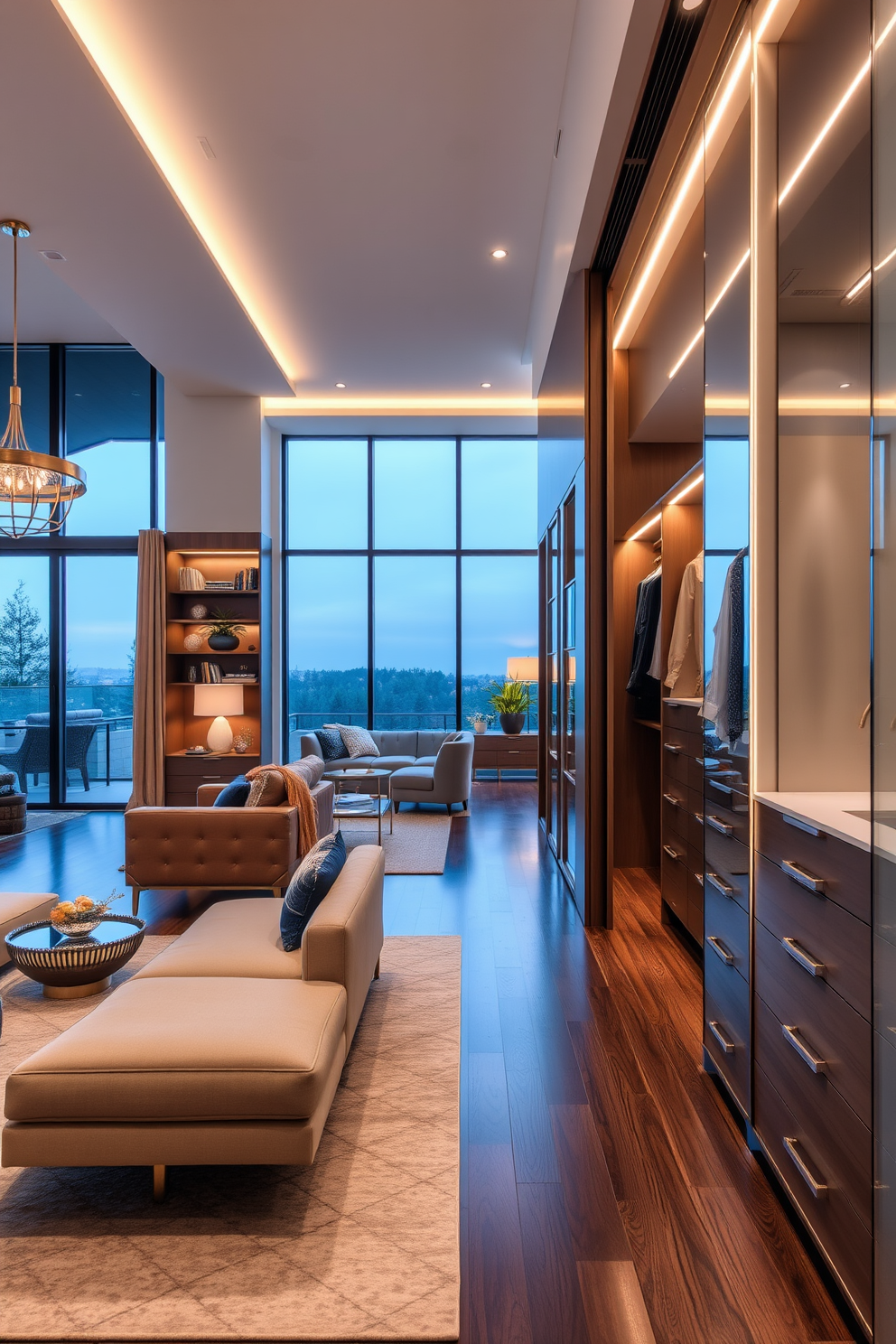 A stylish townhouse walk-in closet featuring pull-out racks for shoes. The space is designed with ample shelving and hanging areas, allowing for organized storage of clothing and accessories.